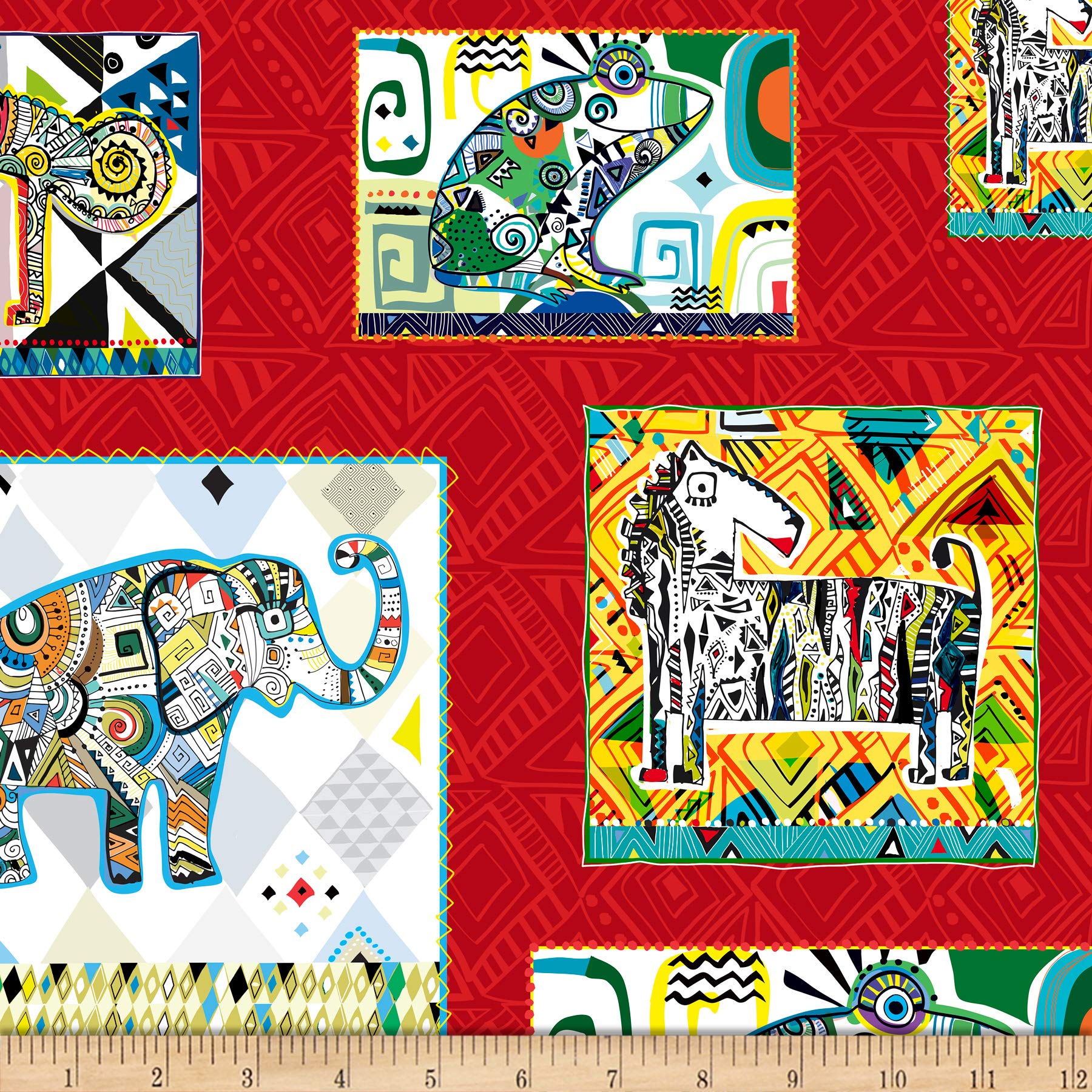 QT Quilt Fabrics - Wild Side Geometric Animal Patchwork Cotton Fabric in Red - Perfect for DIY Quilting, Home Decor, and Craft Projects