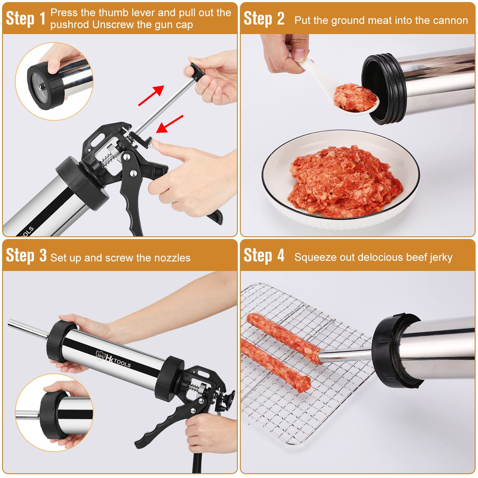 HK Jerky Gun Kit - 2.1LB Stainless Steel Jerky Maker & Sausage Stuffer with 5 Nozzles, 2 Cleaning Brushes & Stomper - Perfect for Homemade Beef Jerky, Sausage & Snack Making