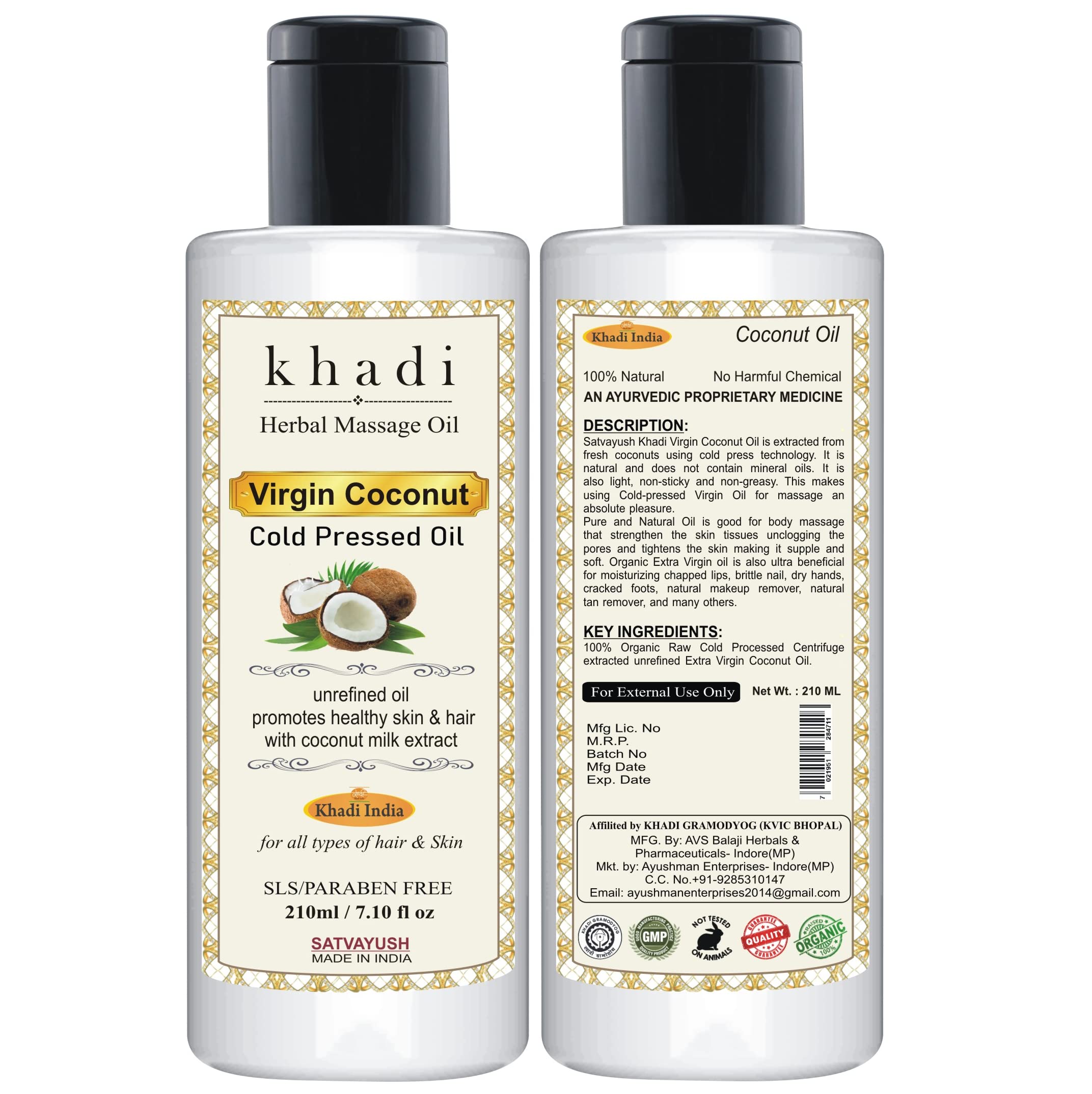 Satvayush Khadi Cold Pressed Coconut Oil - 100% Pure Natural Oil for Skin, Hair Care & Baby Massage - 7.1 fl oz (210ml) - Organic, Unrefined, Chemical-Free - Perfect for Daily Moisturizing, Hair Growth & Relaxing Massage Therapy