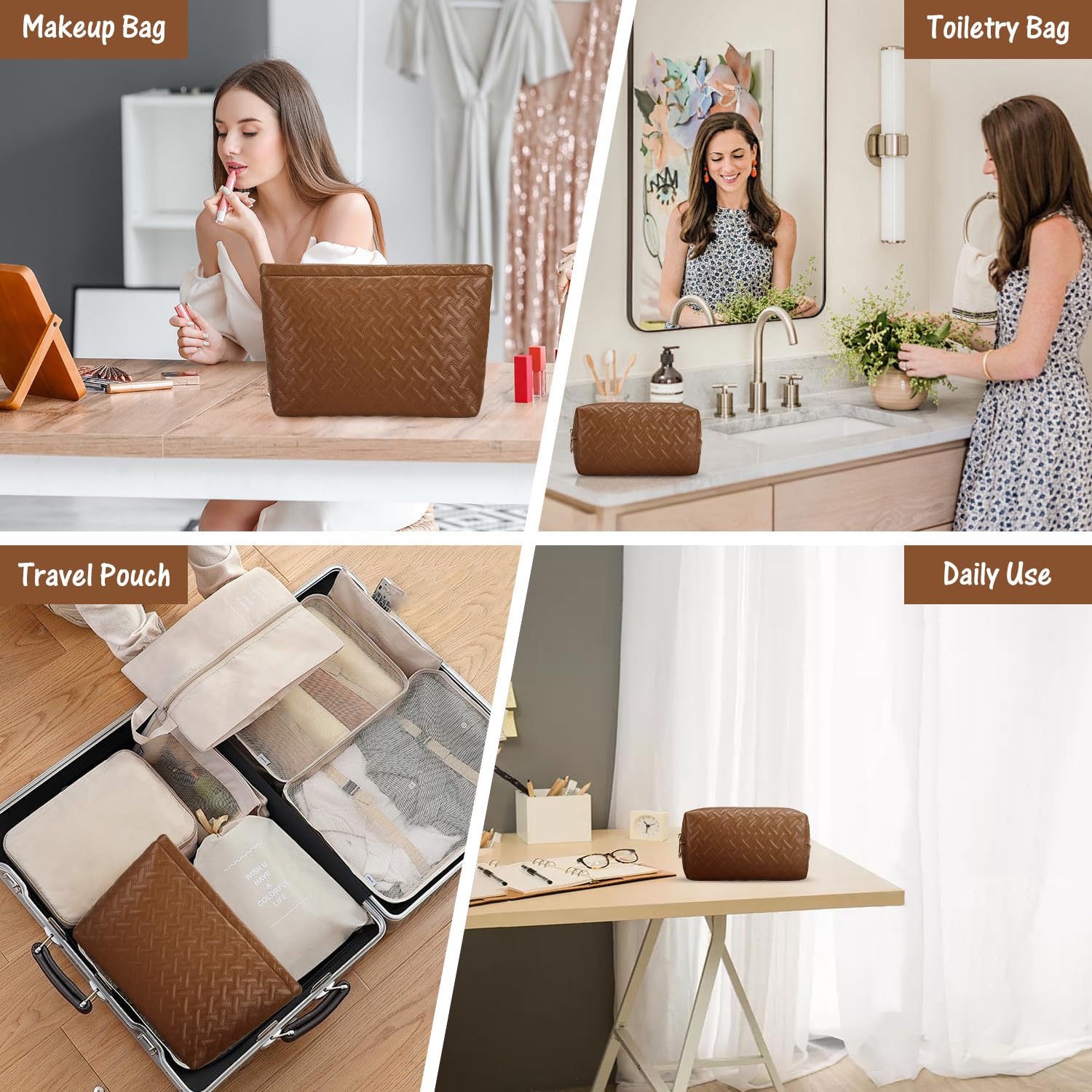 2 Pack Vegan Leather Makeup Bag for Women - Waterproof Travel Cosmetic & Toiletry Organizer with Brush Holder - Perfect for Purse, Gym, Vacation Essentials (Brown)