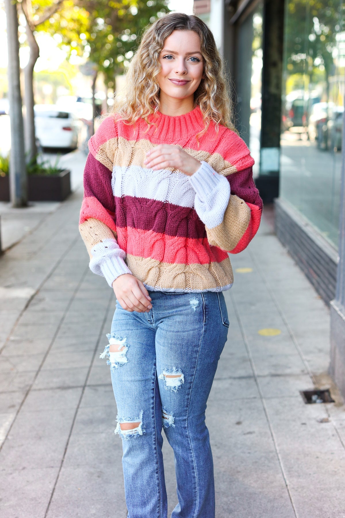 Rust & Multicolor Striped Cable Knit Mock Neck Sweater for Women | Cozy Fall & Winter Pullover | Perfect for Casual Outfits, Office Wear & Holiday Gatherings