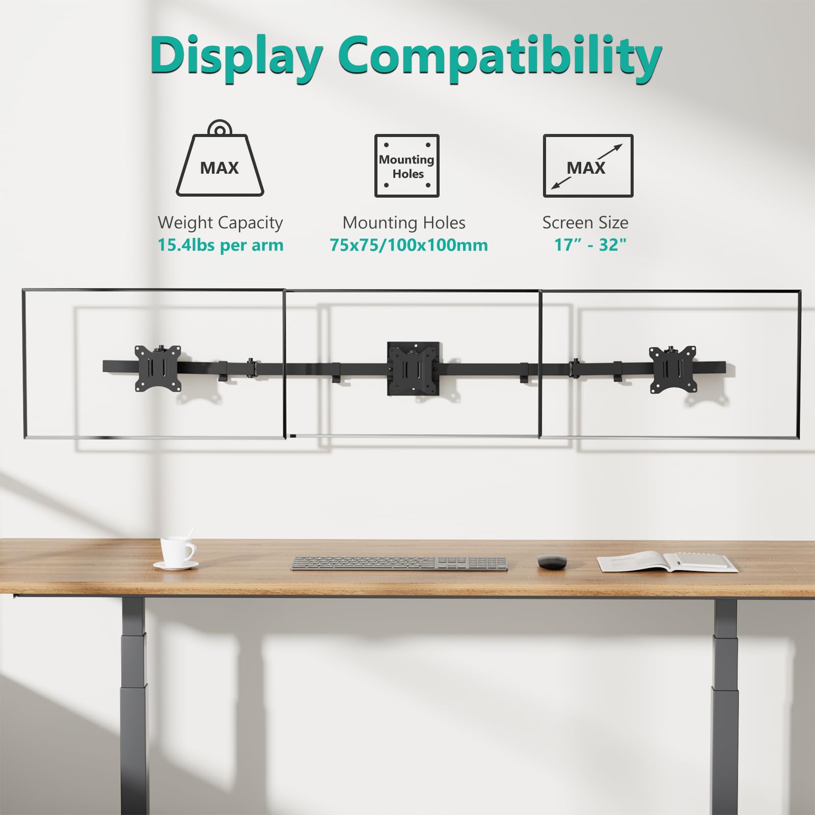 WALI Triple Monitor Wall Mount for 17-32 Inch Screens - Heavy Duty Adjustable 3 Monitor Arm with Swivel & Tilt - VESA 75x75/100x100mm - Each Arm Holds 15.4lbs (013ARM) Black - Perfect for Home Office, Gaming Setup & Multi-Screen Workstations