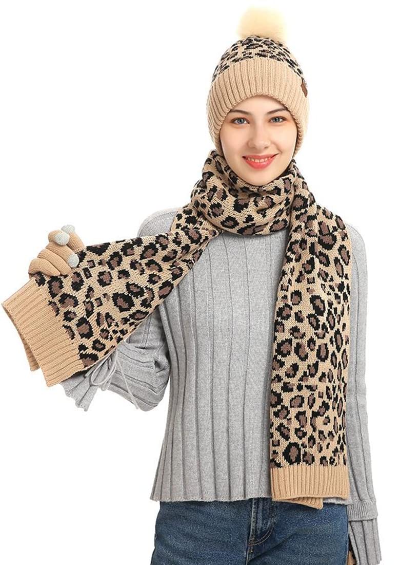Men's & Women's Winter Leopard Print Beanie Hat, Scarf & Touchscreen Gloves Set - Fleece Lined Knit Skull Cap with Pompom - Perfect for Skiing, Snowboarding & Cold Weather Outdoors