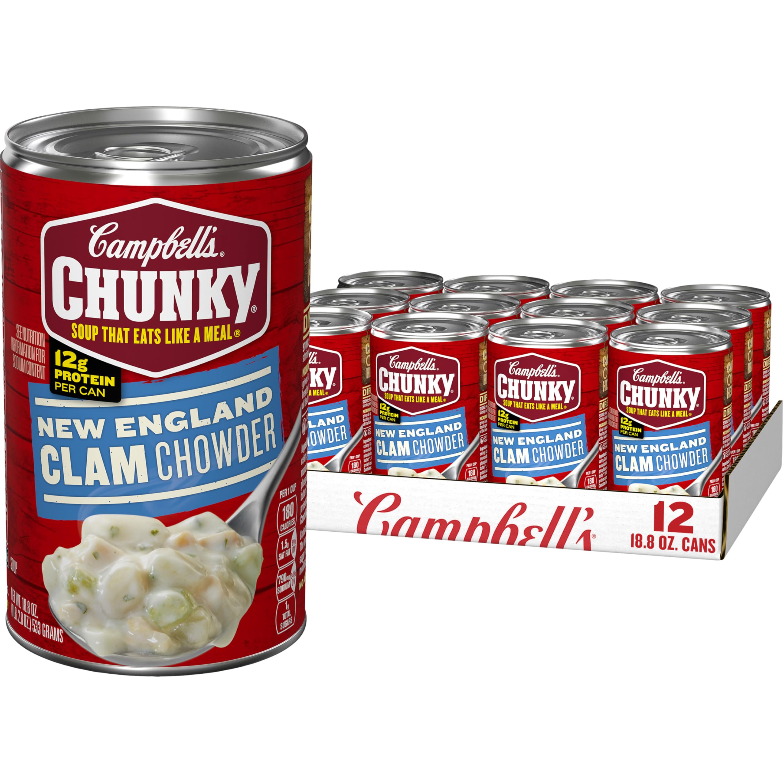 Campbell's Chunky New England Clam Chowder Soup - 18.8 oz Cans (Pack of 12) | Hearty Comfort Food for Cold Days & Quick Meals