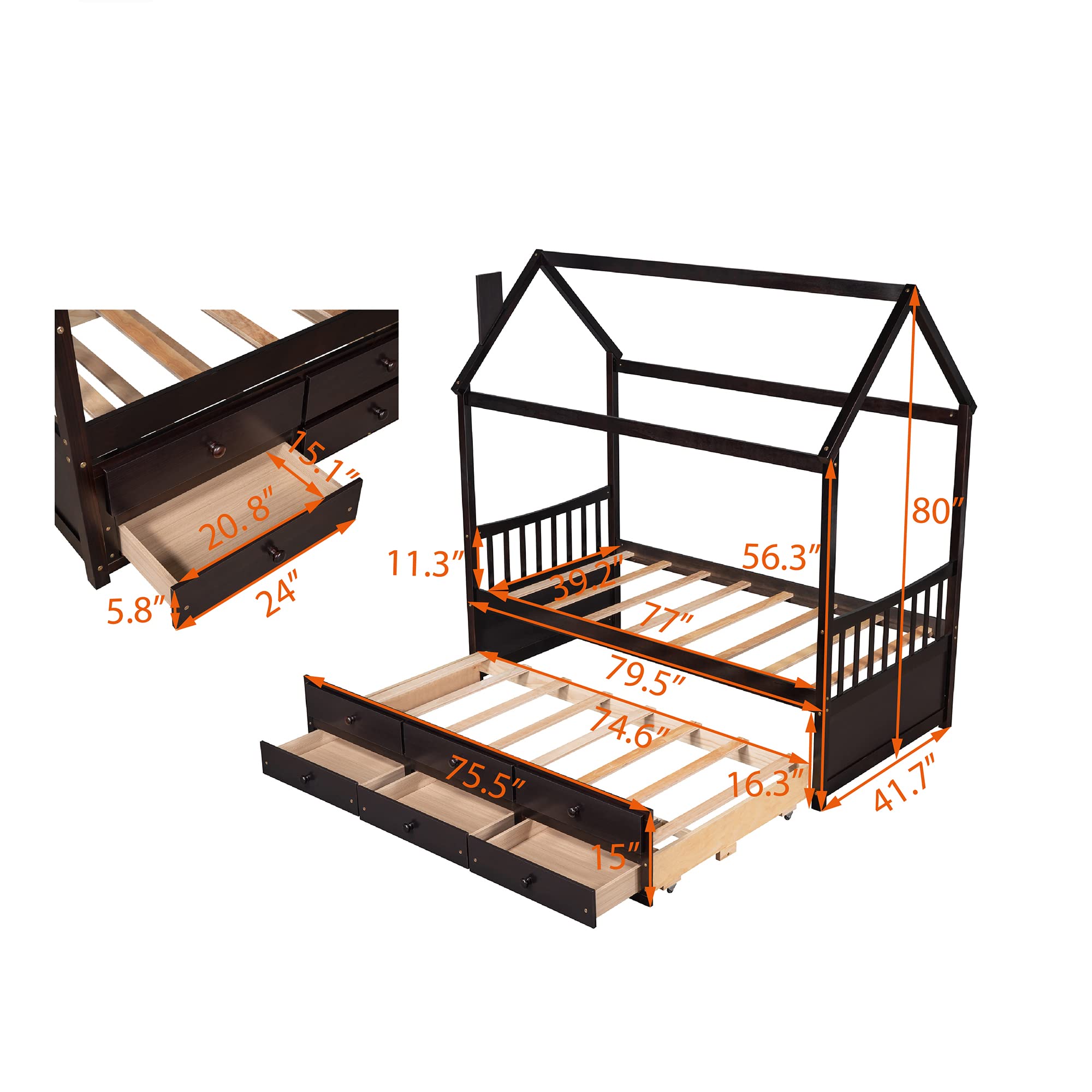SOFTSEA Twin Size Wooden Captain's Bed with Storage Drawers & Trundle - Space Saving Daybed for Kids Bedroom, Guest Room & Small Spaces