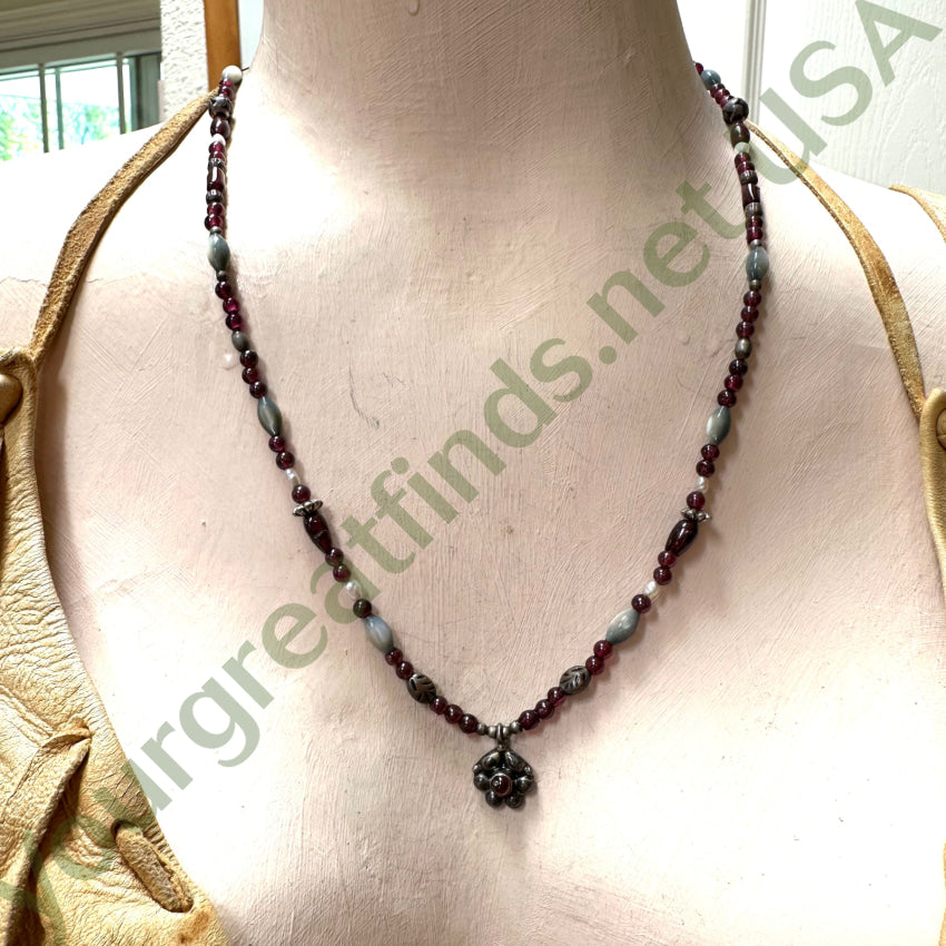 Vintage Garnet Mother of Pearl Beaded Necklace - Handmade Bohemian Jewelry for Women - Perfect for Weddings, Parties & Special Occasions