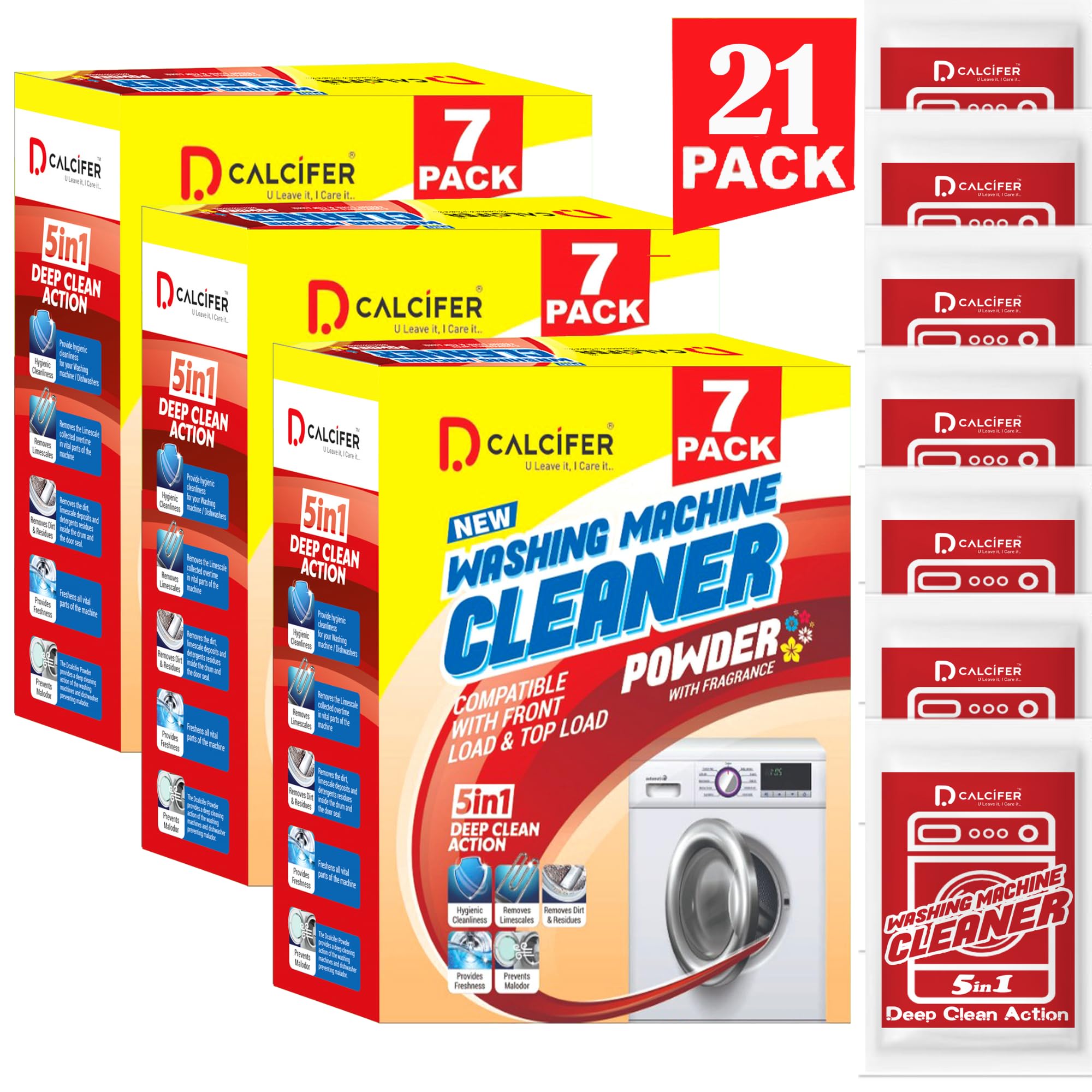 Dcalcifer Washing Machine Cleaner & Descaler Powder - 21 Pouches (350g Each, Pack of 3, Total 1050g) for Front/Top Load Semi & Fully Automatic Washers - Deep Cleans Drum & Tub | Eliminates Odors, Limescale & Residue - Ideal for Laundry Maintenance & Appliance Care