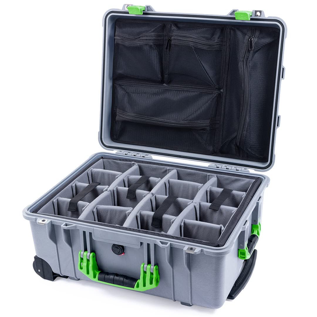 Pelican 1560 Waterproof Hard Case with Silver & Lime Green Exterior - Includes Grey Dividers, Mesh Lid Organizer & Wheels - Perfect for Travel, Photography Equipment & Outdoor Gear Protection