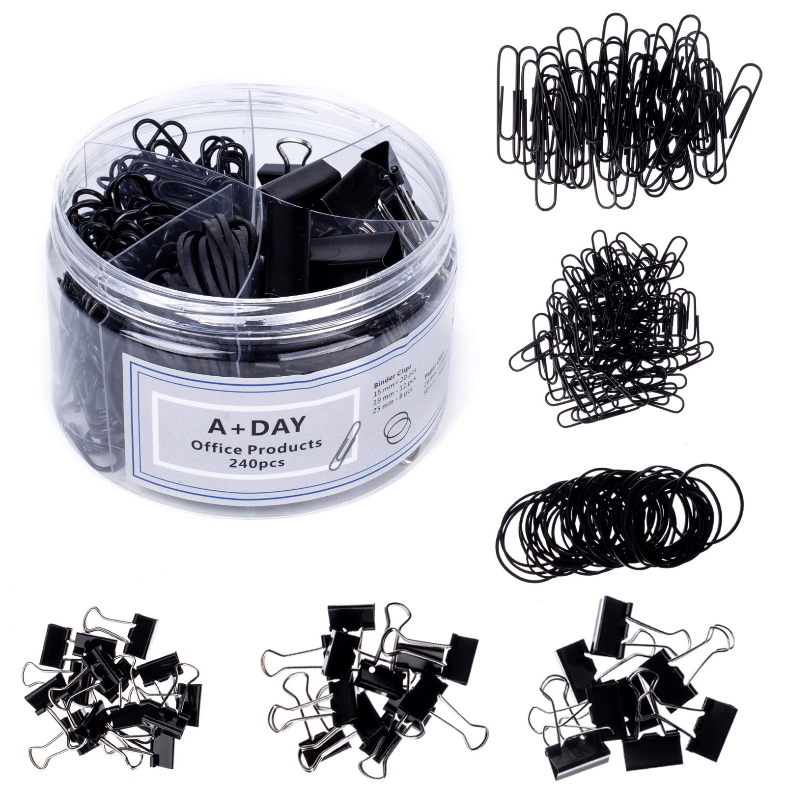 A+DAY 240-Piece Office Supply Set - Assorted Binder Clips, Paper Clips, Rubber Bands & Paper Clamps (Black) - Jumbo, Large, Medium & Small Sizes for Organizing Documents, Files & Office Supplies