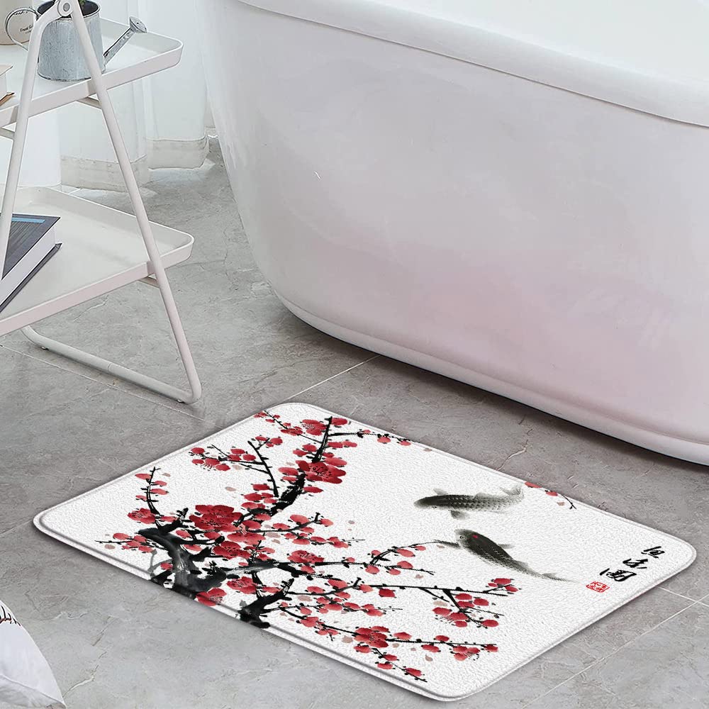 Japanese Cherry Blossom Bath Mat - Non-Slip Absorbent Bathroom Rug with Traditional Asian Plum Blossom Ink Painting Design - 17.7 x 29.5 Inch - Perfect for Bathroom, Bathtub, Shower & Indoor Decor