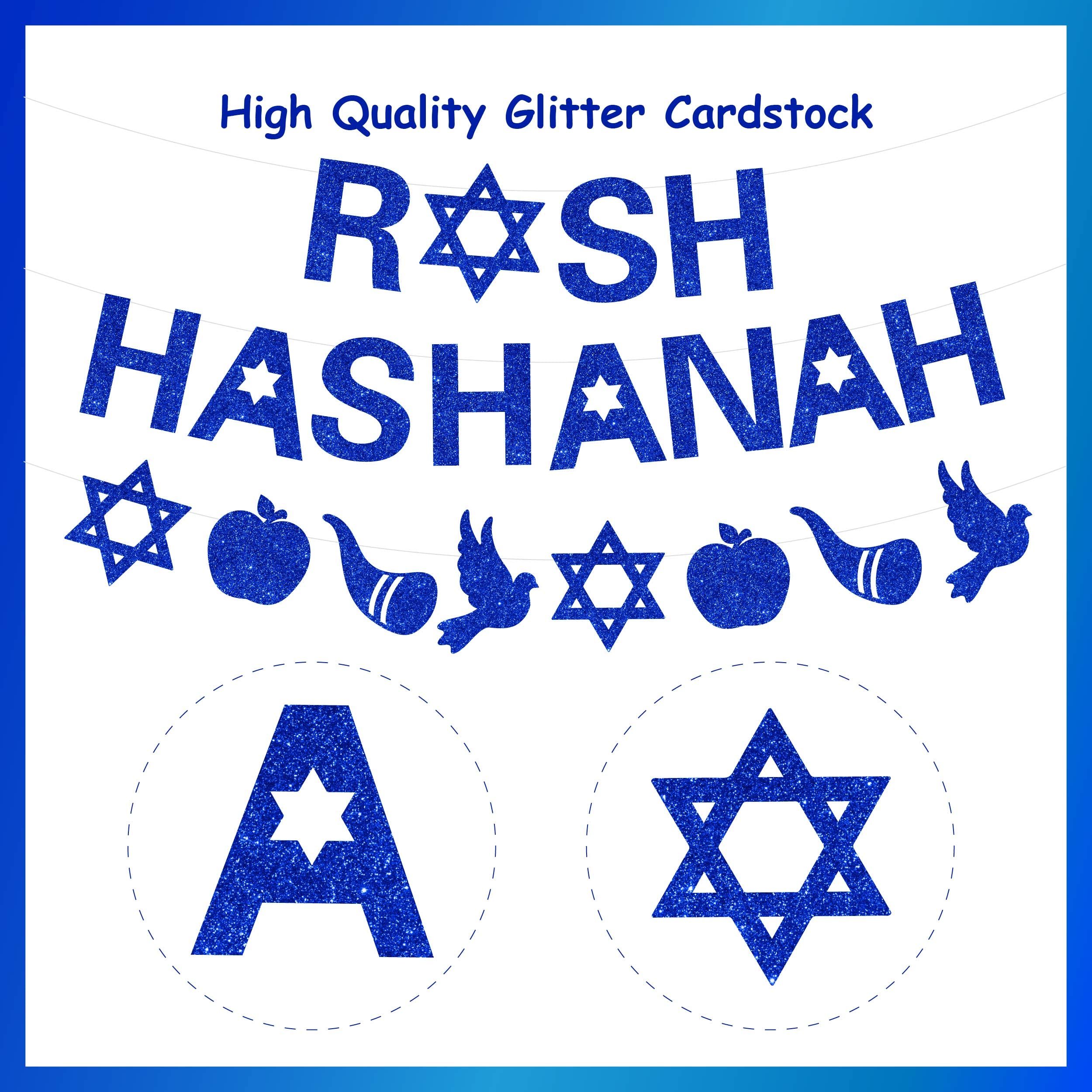 Glitter Rosh Hashanah Banner - Jewish New Year Greetings Garland Decorations for Yom Teruah | Holiday Party, Synagogue & Home Celebration Decor