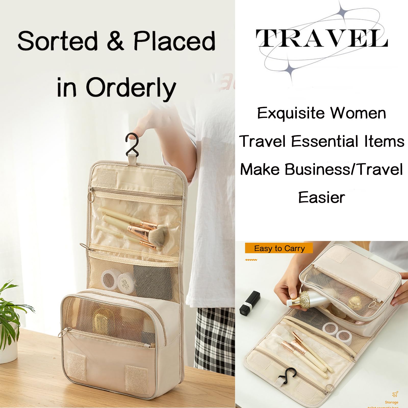 Waterproof Hanging Toiletry Bag for Women - Travel Makeup Organizer with Multiple Pockets, Portable Cosmetic Bag for Bathroom & Shower Essentials - Perfect for Camping, Gym, and Business Trips (Black)