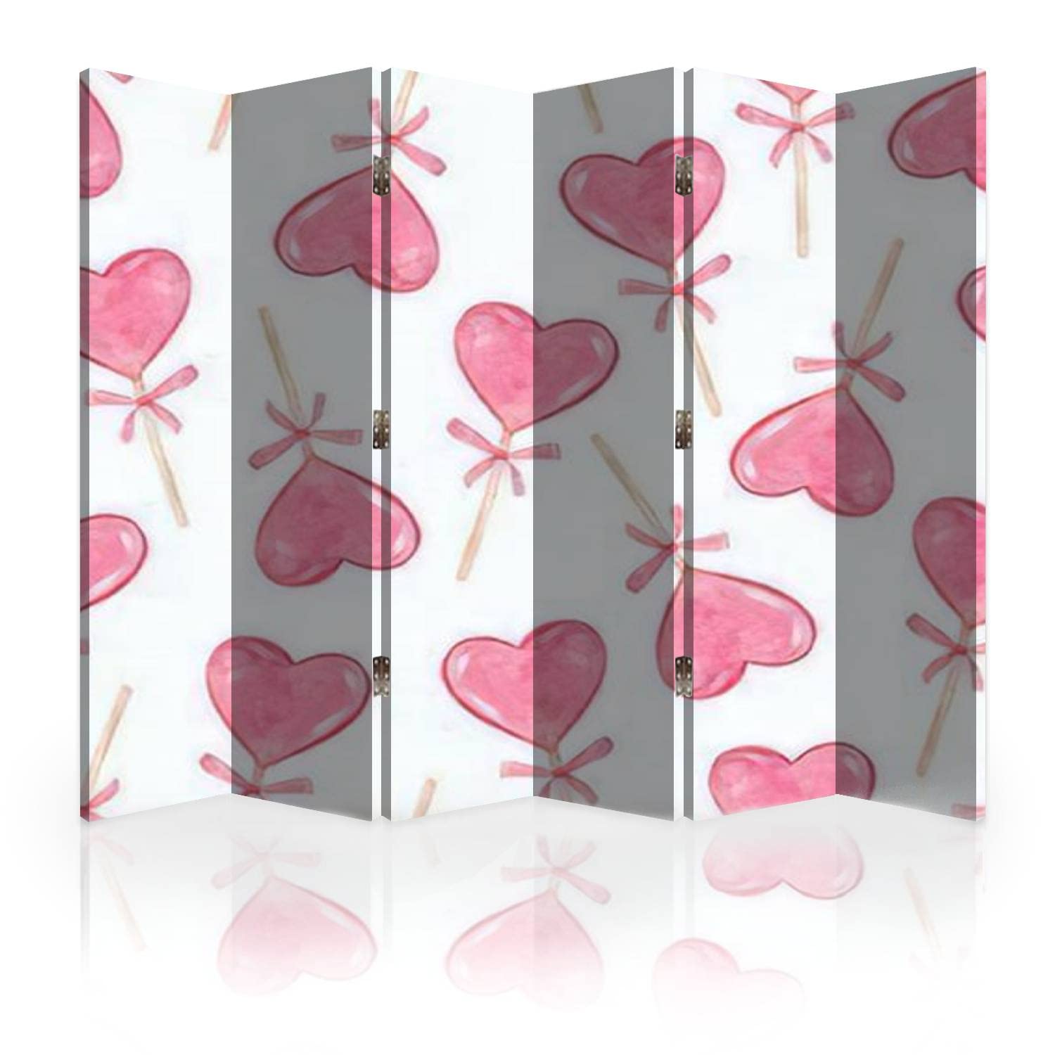 6-Panel Canvas Room Divider Screen with Watercolor Pink Heart Lollipops Print - White Valentine's Day Folding Privacy Partition for Bedroom, Office & Event Spaces