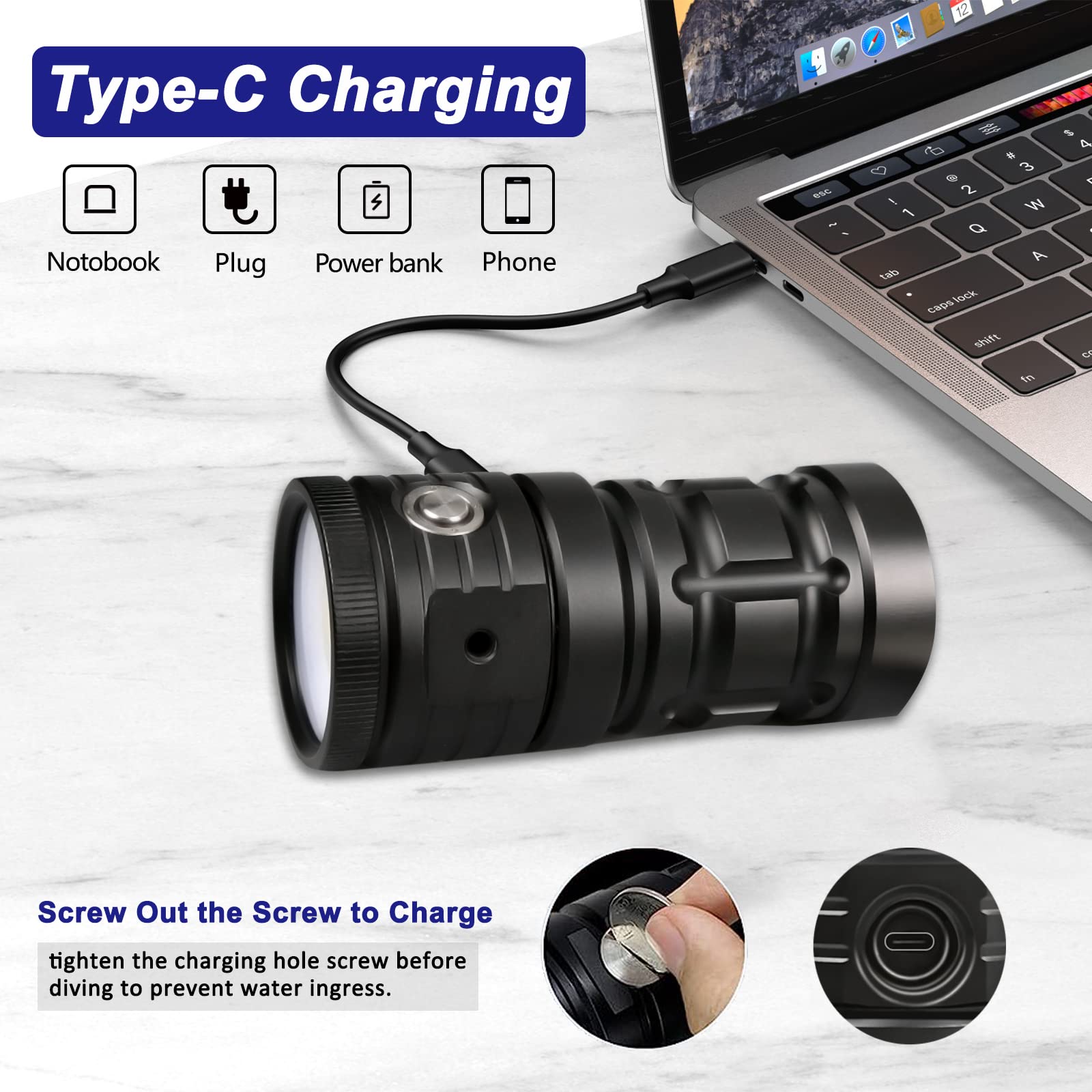 Professional 10000 Lumens Super Bright Diving Flashlight - 100M Waterproof Underwater Video Light with Type-C Charging | Perfect for Underwater Photography, Scuba Diving, Cave Exploration & Night Fishing