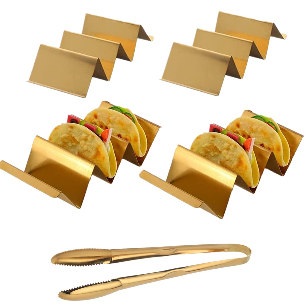 Stainless Steel Taco Holder Stand Set of 4 with Food Tong - Oven, Dishwasher & Grill Safe Taco Rack Tray for Baking - Gold | Perfect for Taco Tuesday Parties, Backyard BBQs & Mexican Dinner Nights