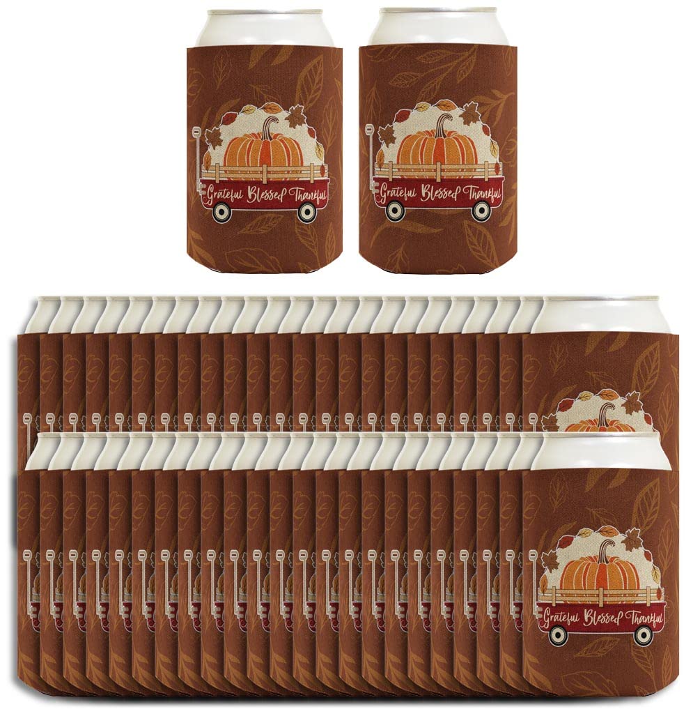 96-Pack Fall Themed Can Coolers - Grateful Blessed Thankful Wagon Design | White Insulated Beverage Sleeves for Autumn Parties, Thanksgiving Gatherings & Outdoor Events