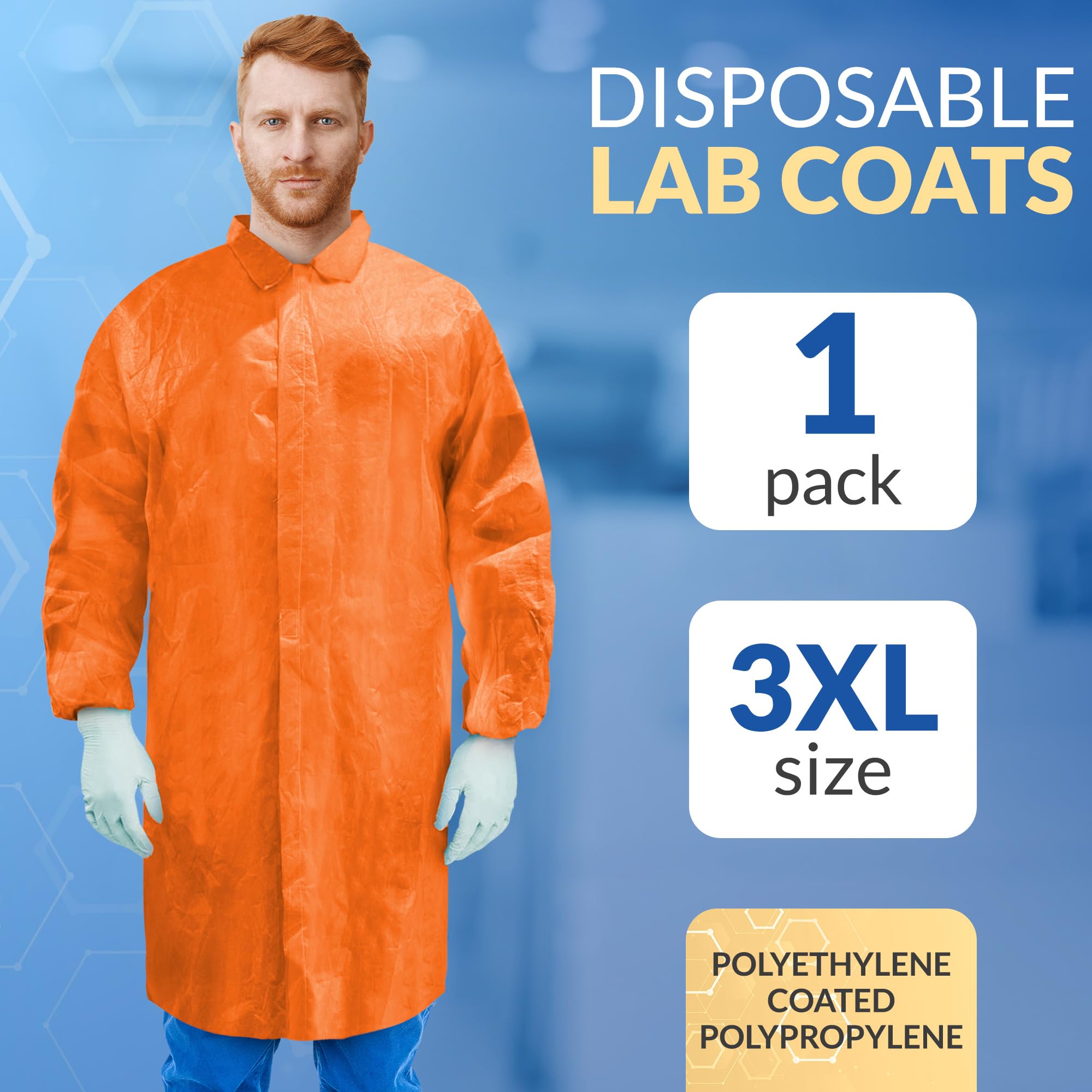 ABC PACK & SUPPLY Orange Disposable Lab Coats for Adults - 3X-Large (Pack of 50) | Polyethylene Coated Polypropylene | Medical Grade | Hook & Loop Closure | No Pockets | Ideal for Laboratories, Cleanrooms & Healthcare Facilities