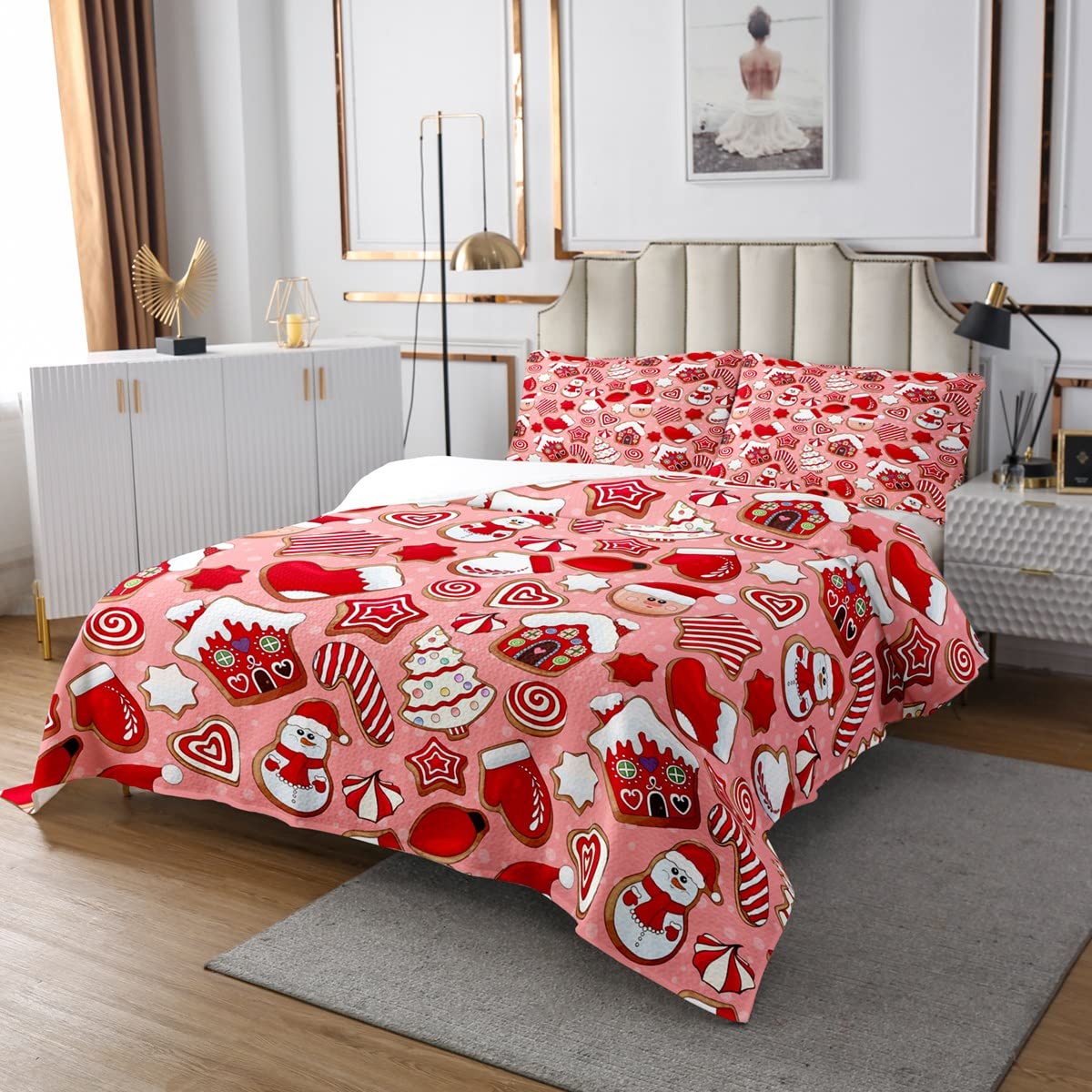 Cartoon Gingerbread Santa Claus Christmas Bedspread Set - Twin Size 2-Piece Comforter with Pillowcase | Cute Snowman & Christmas Tree Design in Pink & Red | Perfect for Kids' Bedroom Decor | Ideal for Holiday Season, Winter Bedding & Cozy Home Decor