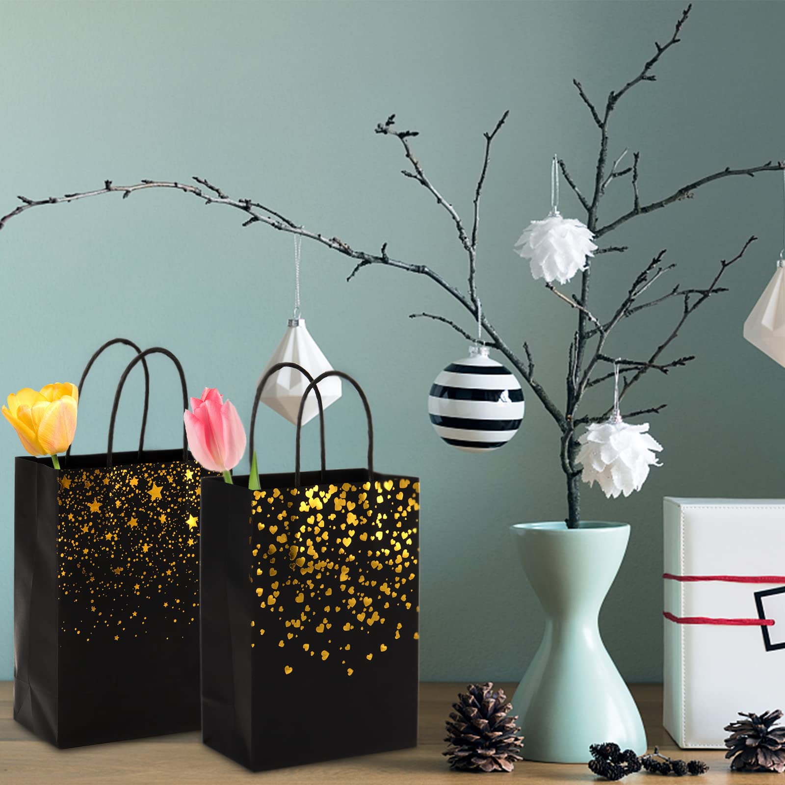 Nicunom 60 Pack Black Gold Kraft Paper Gift Bags - 8.3