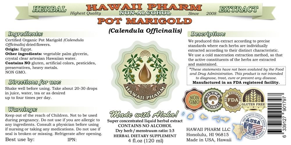 Organic Calendula Officinalis Alcohol-Free Liquid Extract - Natural Herbal Supplement by Hawaii Pharm, 2x32 fl.oz - Soothes Skin Irritations & Promotes Healing for Daily Wellness
