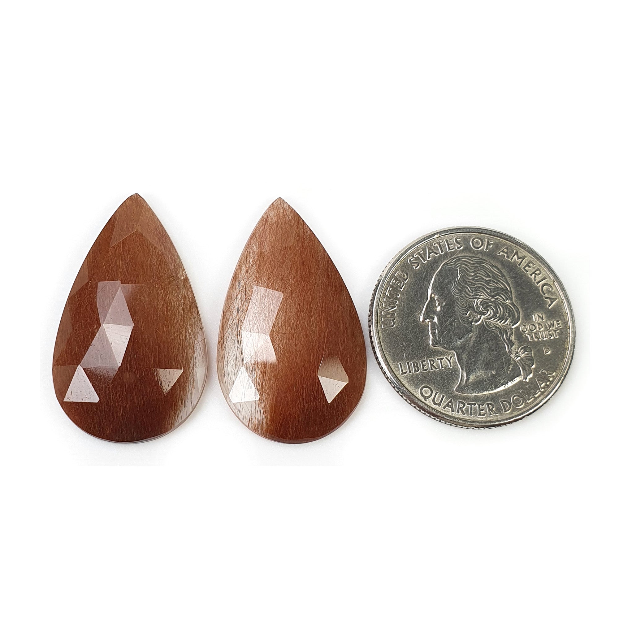 Natural Brown Rutile Quartz Gemstone Rose Cut - 33.00cts Untreated Pear Shape 30x18mm Pair | Healing Crystal, Jewelry Making, Meditation Stone (With Video)