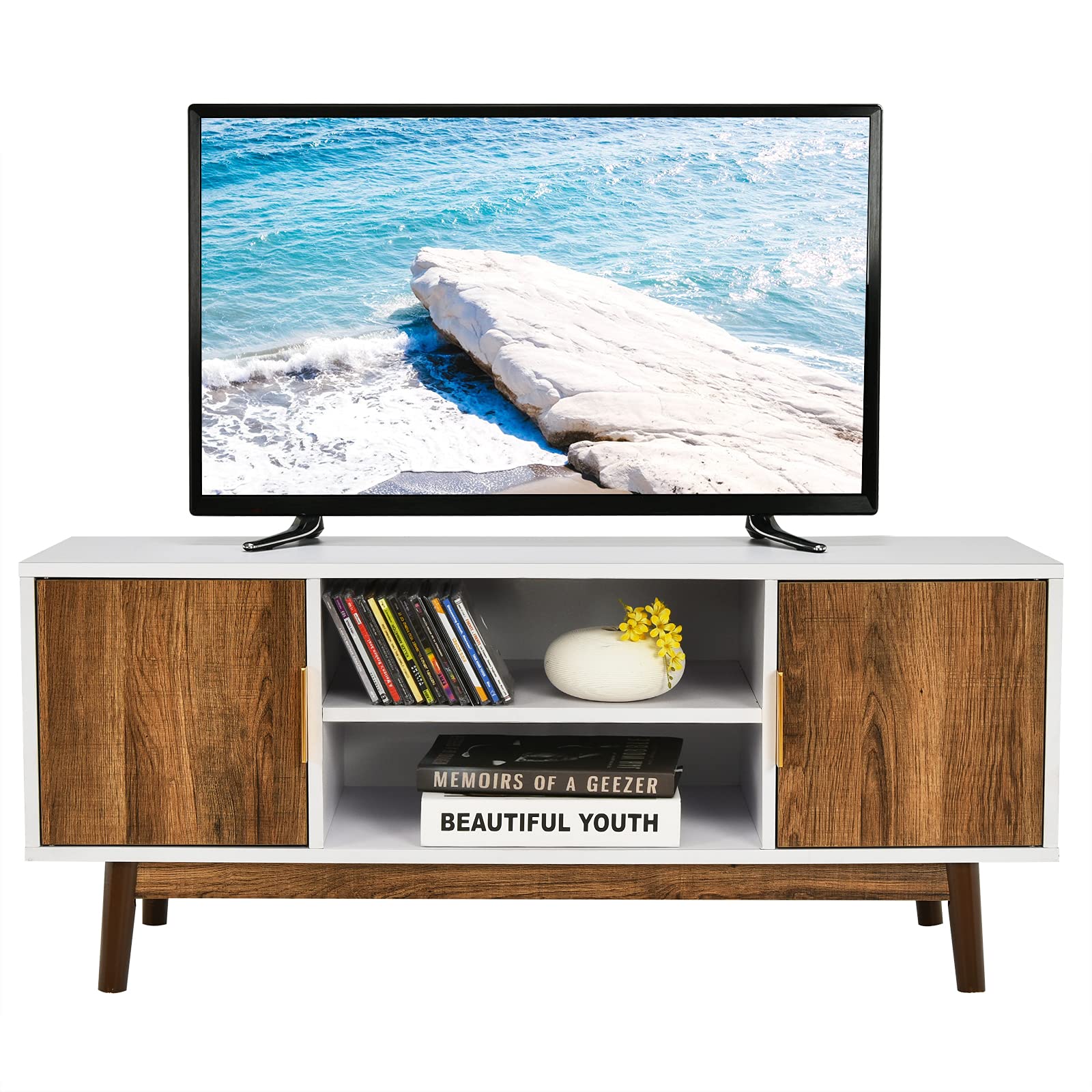 65 Inch Wooden TV Stand with Storage - Farmhouse Style Media Console for Living Room & Bedroom | 2 Cabinets & 2 Shelves Entertainment Center | White & Brown TV Stand for Home Theater Setup & Family Movie Nights