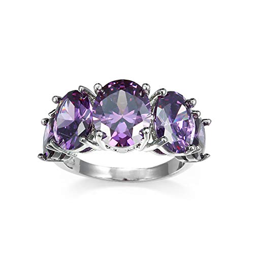 AZQ 925 Sterling Silver Amethyst Ring - Oval Cut 2Ct Cubic Zirconia 5-Stone Eternity Band for Women | Perfect for Engagement, Wedding & Anniversary Gifts | Elegant Jewelry for Special Occasions