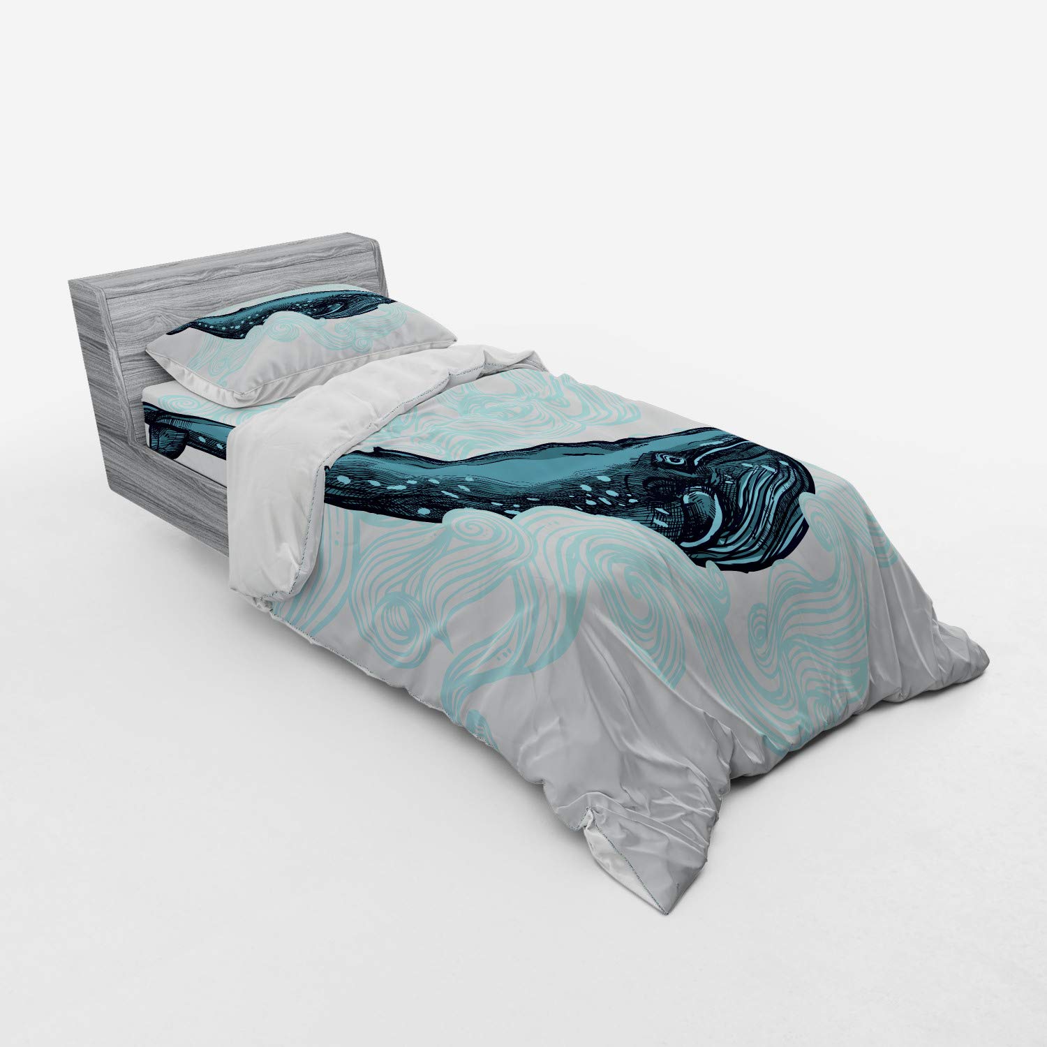 Ambesonne Whale Duvet Cover Set - 3 Piece Twin Size Bedding with Sham & Fitted Sheet, Big Happy Whale & Striped Waves Art Print in White, Dark Blue & Blue | Perfect for Kids' Rooms, Beach Themed Decor & Whale Lovers