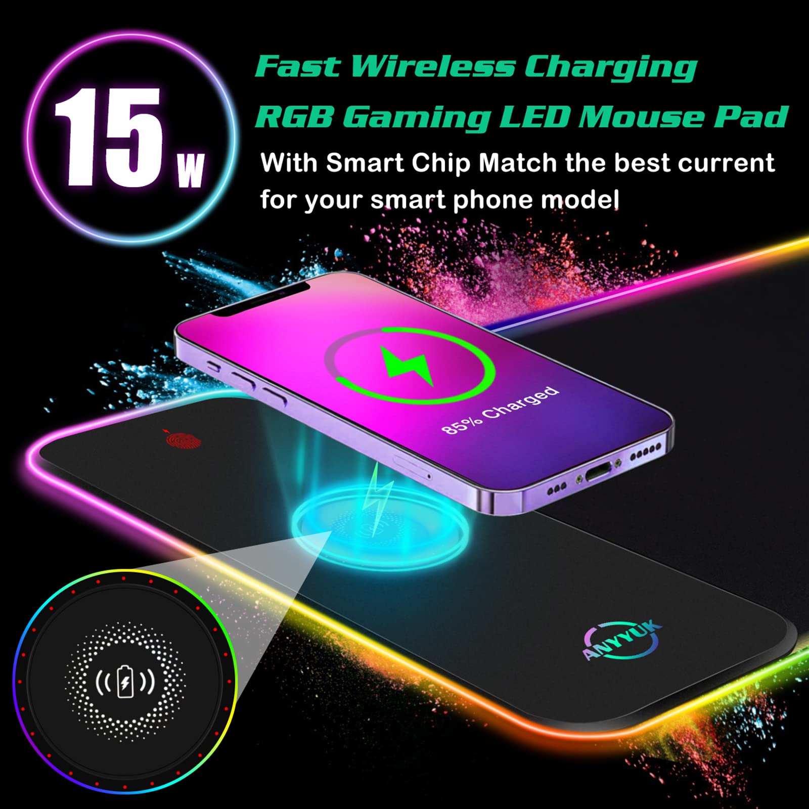 RGB Gaming Mouse Pad with 15W Wireless Charger & 10 Light Modes - for PC, Laptop, MacBook