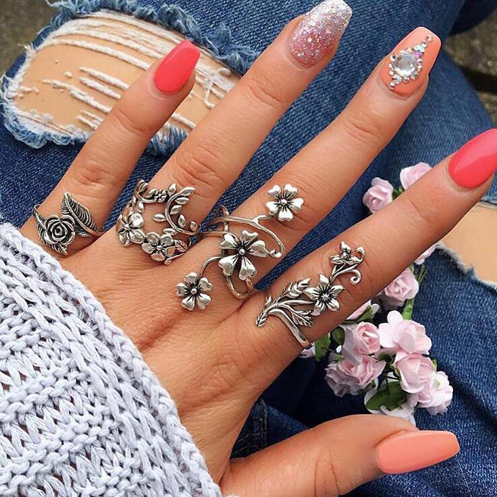 Bohemian Vintage Silver Stack Rings Set for Women & Men - Hollow Carved Flower Knuckle Rings in Blue | Perfect for Layering, Boho Fashion & Everyday Wear