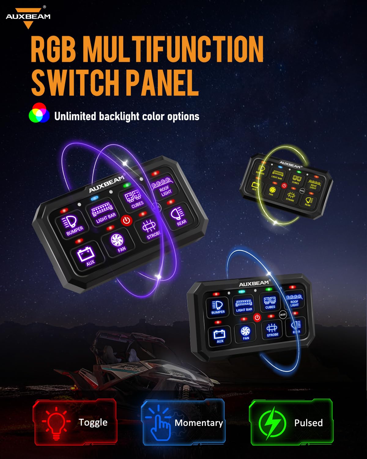 Auxbeam RGB 8 Gang Switch Panel 5.3 Inch RB80 XL - Waterproof Offroad Marine Toggle Switch Pod with Momentary/Pulsed Function & Backlight for Trucks, ATV, Boats - Durable Relay System Box with 2 Year Warranty | Perfect for Off-Roading, Marine Applications & Vehicle Customization