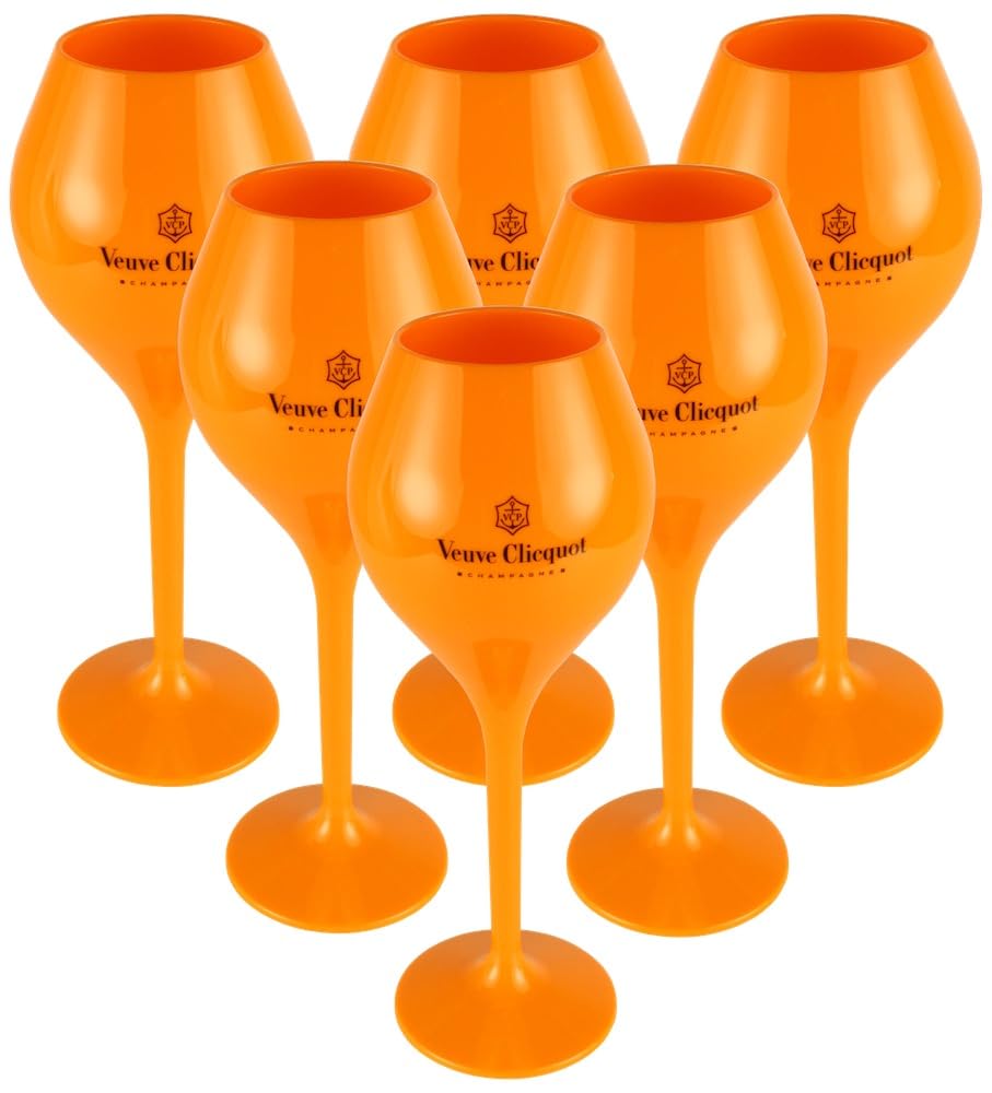 Veuve Clicquot 6-Piece Set of Yellow Trendy Polycarbonate Acrylic Champagne Glasses - Shatterproof Poolside & Party Drinkware for Outdoor Celebrations