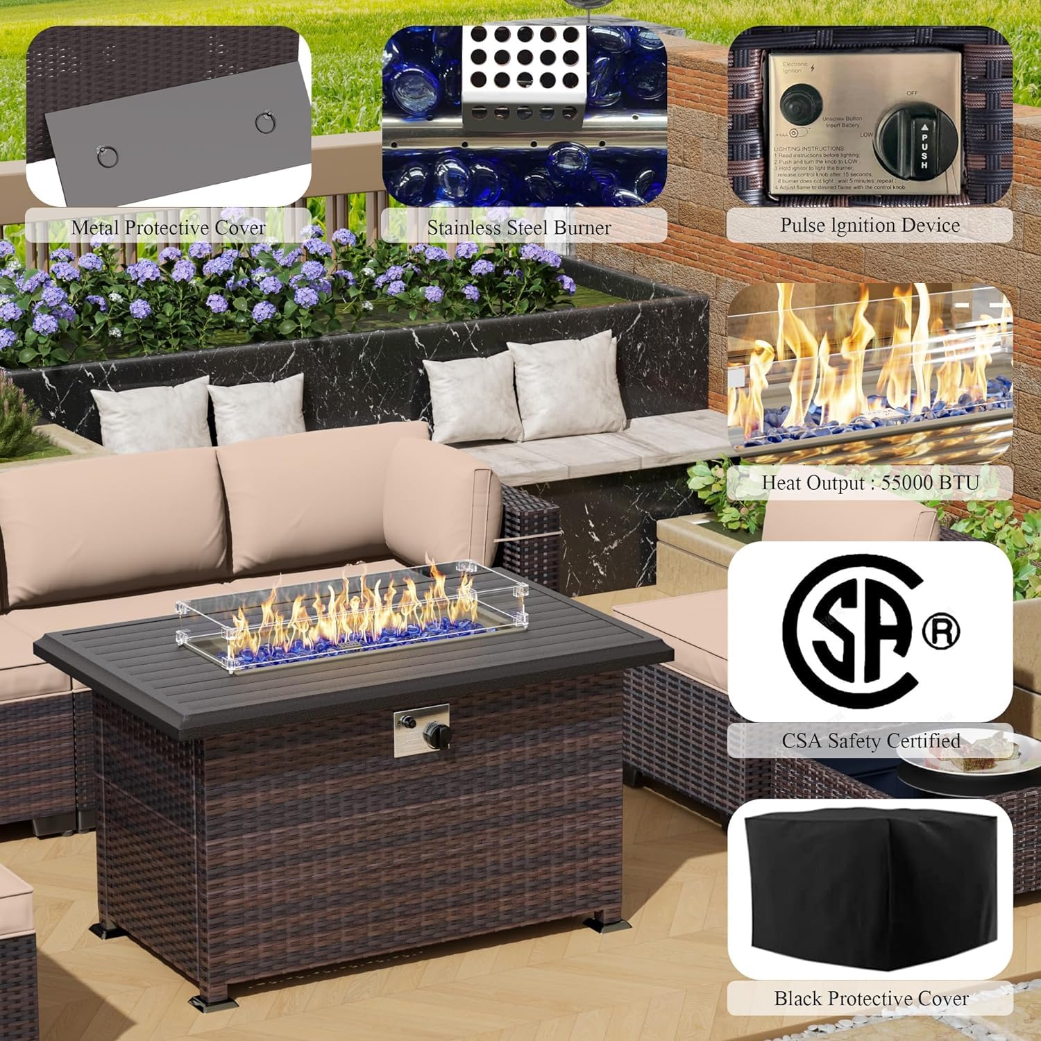 13-Piece Outdoor Patio Furniture Set with Propane Fire Pit Table - Brown Sectional Sofa Conversation Set with ETL-Approved 43