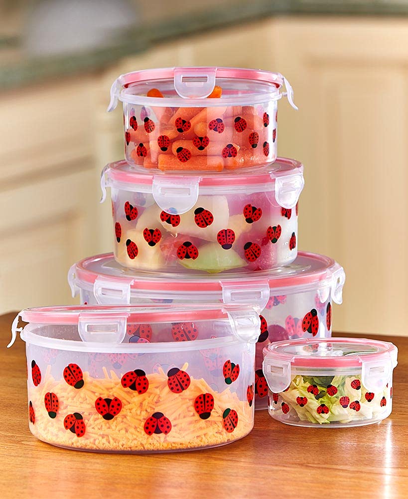 MSR Imports 5-Piece Airtight Food Storage Container Set with Lids - BPA-Free Round Kitchen Containers for Meal Prep, Pantry Organization & Dry Food Storage - Lady Bug Design - Perfect for Home, Office & Camping Use