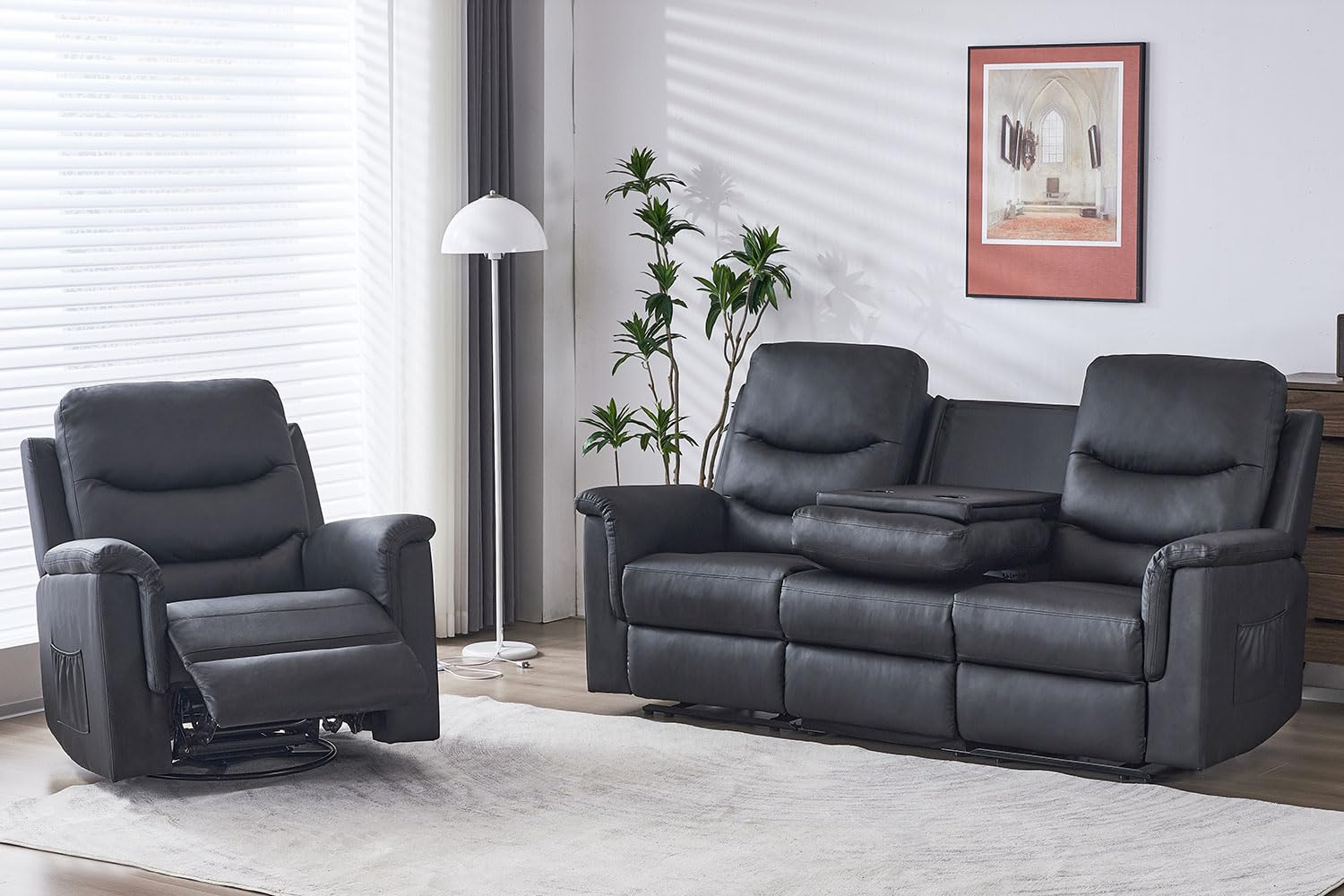 2-Piece Recliner Sofa Set with Swivel Rocker Chair - Manual Reclining Living Room Furniture for Home Theater, Family Room & Lounge Areas