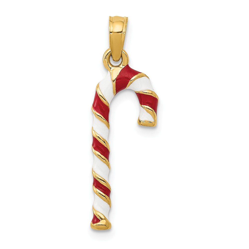 14K Solid Yellow Gold Enameled Candy Cane Charm Pendant - 25mm x 9mm Christmas Jewelry Gift for Women, Perfect for Holiday Parties, Tree Decorations & Festive Outfits