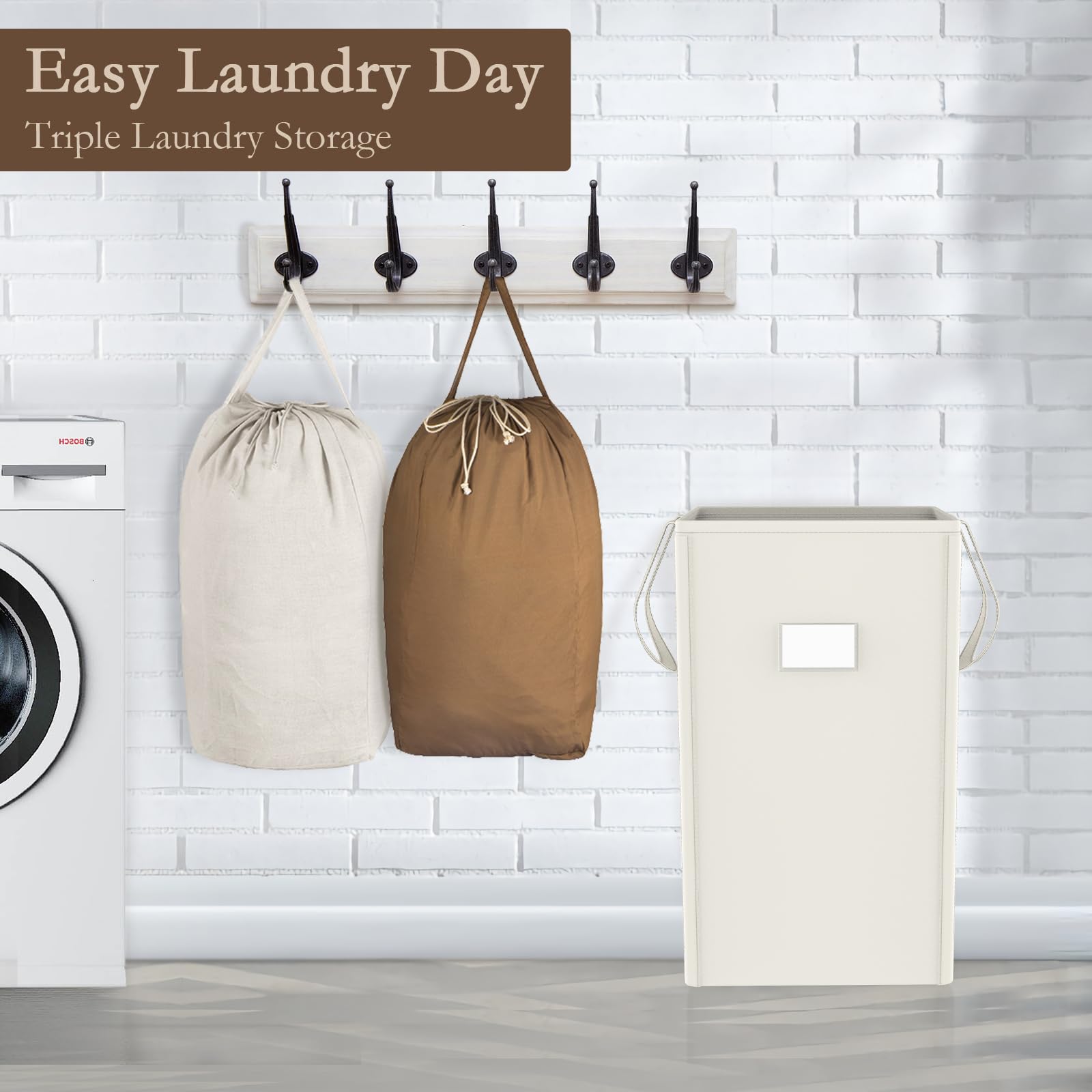MCleanPin 210L Collapsible Laundry Hamper with 2 Washable Bags - Foldable Clothes Basket with Handles for Dorm, College & Home - Cream White - Perfect for Bedroom, Bathroom & Laundry Room Organization