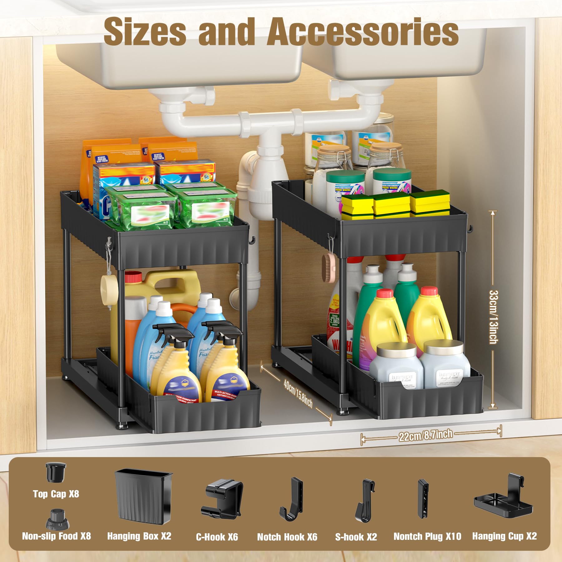 2-Pack Under Sink Organizer Set - Durable ABS Material 2-Tier Sliding Kitchen & Bathroom Storage with Hanging Cups - Space-Saving Cabinet Organizer for Sponges, Soaps & Cleaning Supplies (Black) - Perfect for Small Kitchens, Bathrooms & RVs