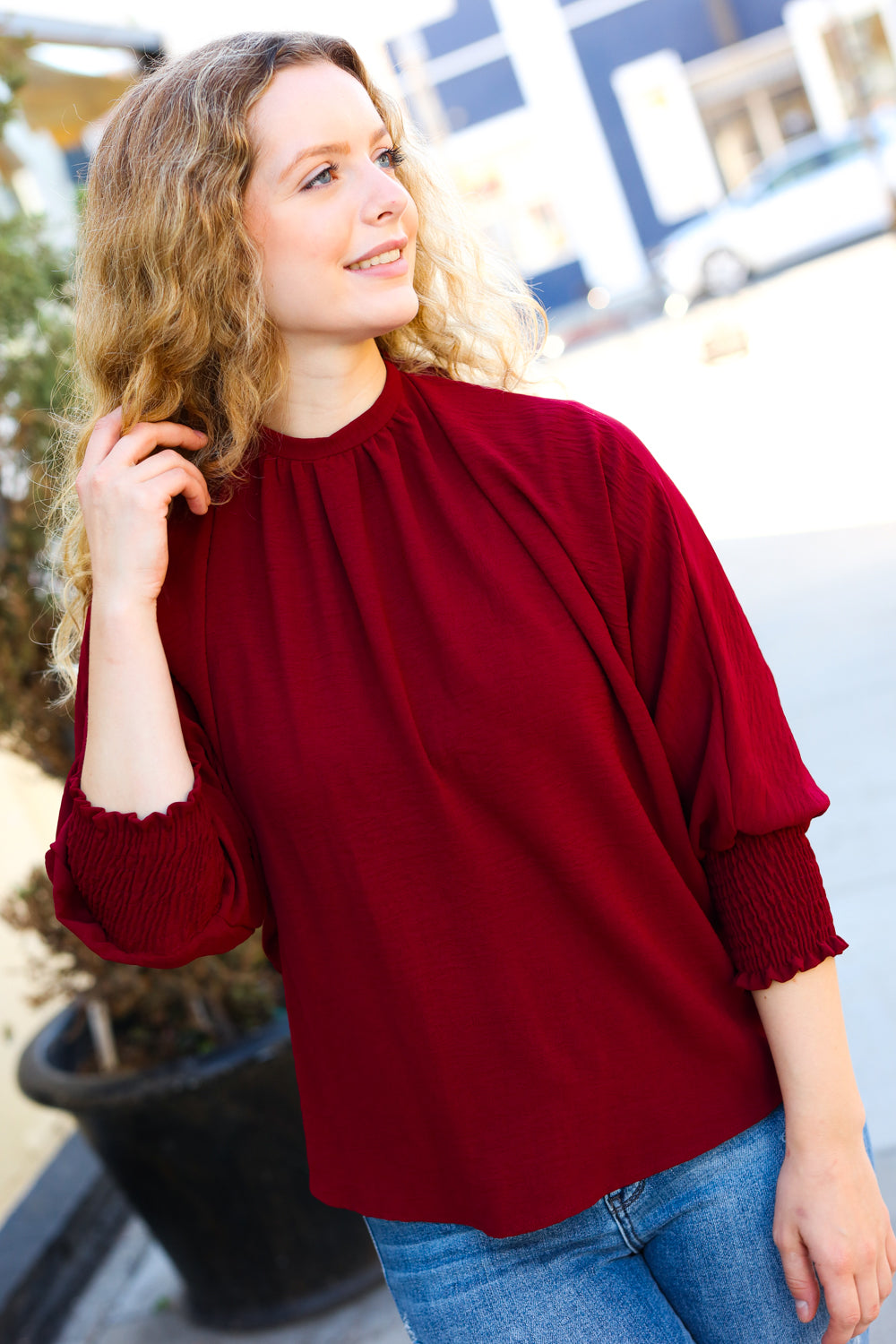 Bold Dreams Wine Smocked Three Quarter Sleeve Tie Back Top - Elegant Women's Blouse for Date Night, Cocktail Parties & Summer Outings