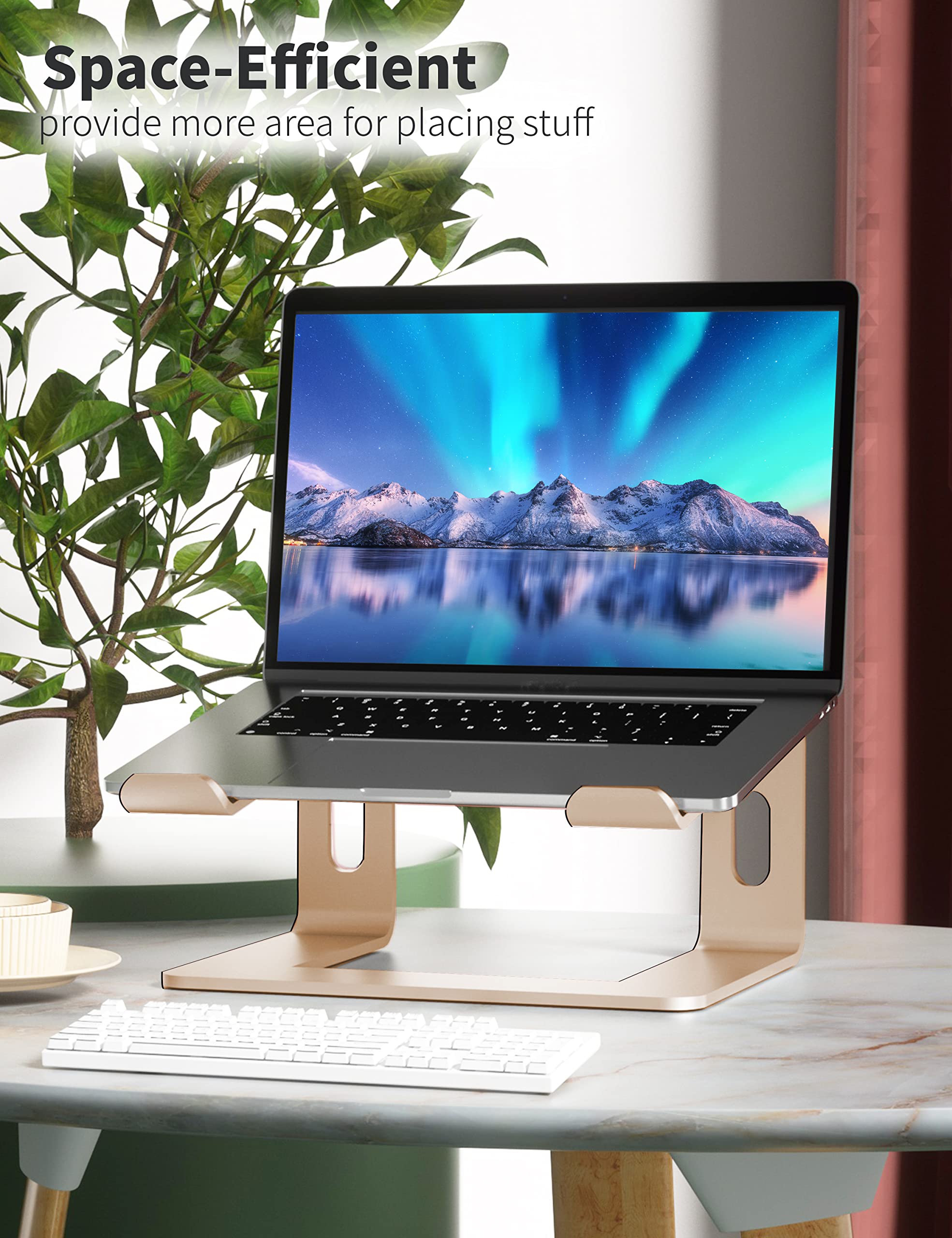 SOUNDANCE Aluminum Laptop Stand for 10-15.6 Inch Notebooks - Ergonomic Computer Riser & Desk Organizer - Gold Metal Holder for MacBook, Dell, HP (Home Office & Workspace Setup)