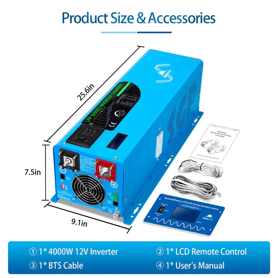 SunGoldPower 4000W 12V Pure Sine Wave Power Inverter with Built-in Charger - Perfect for RVs, Boats, Off-Grid Solar Systems & Emergency Backup Power
