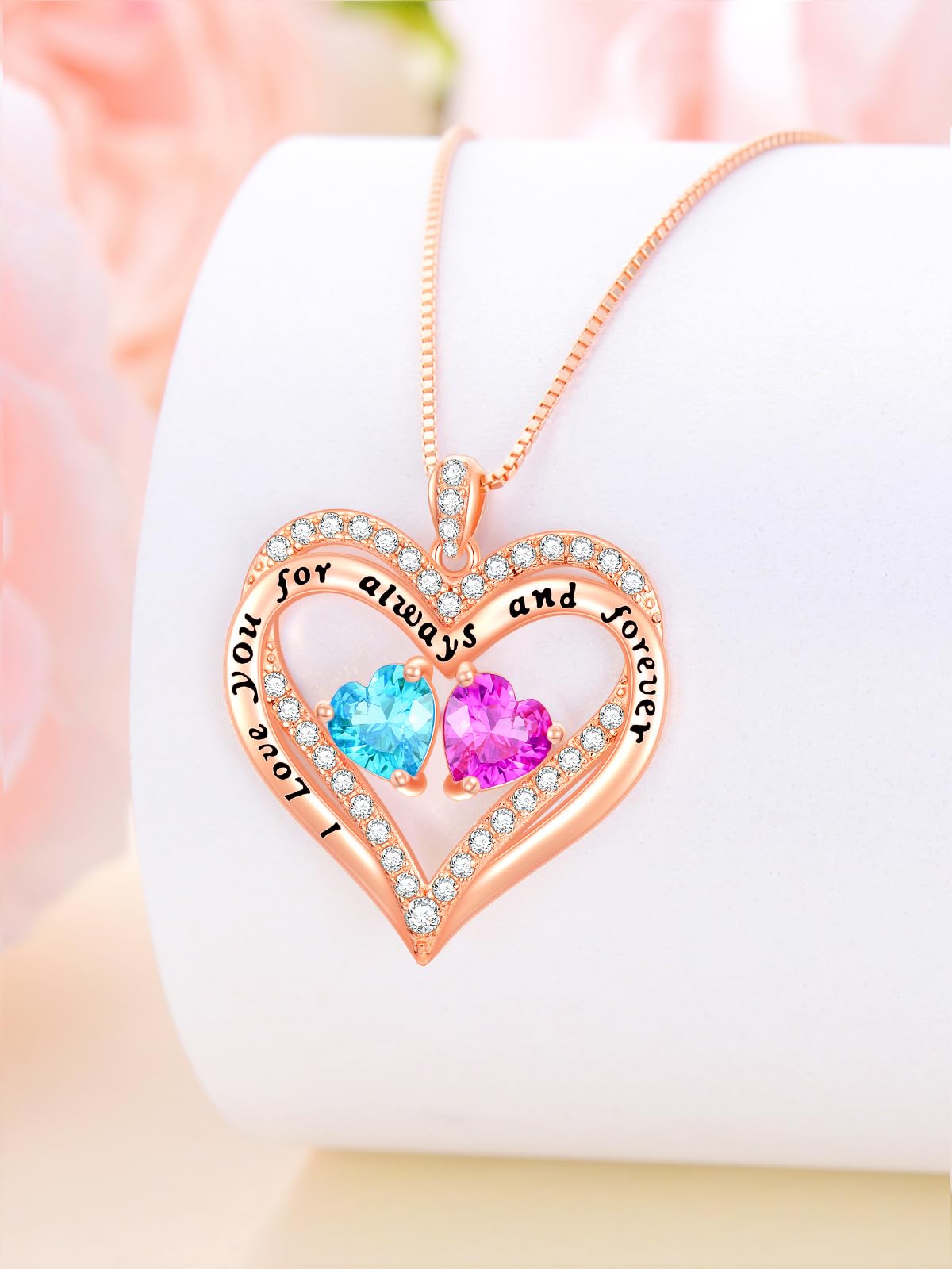 Rose Gold Heart Double Birthstone Necklace - Personalized Birthstone Jewelry for Women, Wife, Girlfriend, Mom & Grandma - 12 Gemstone Options - Meaningful Birthday, Mother's Day & Anniversary Gift - Perfect for Valentine's Day, Weddings & Special Occasions
