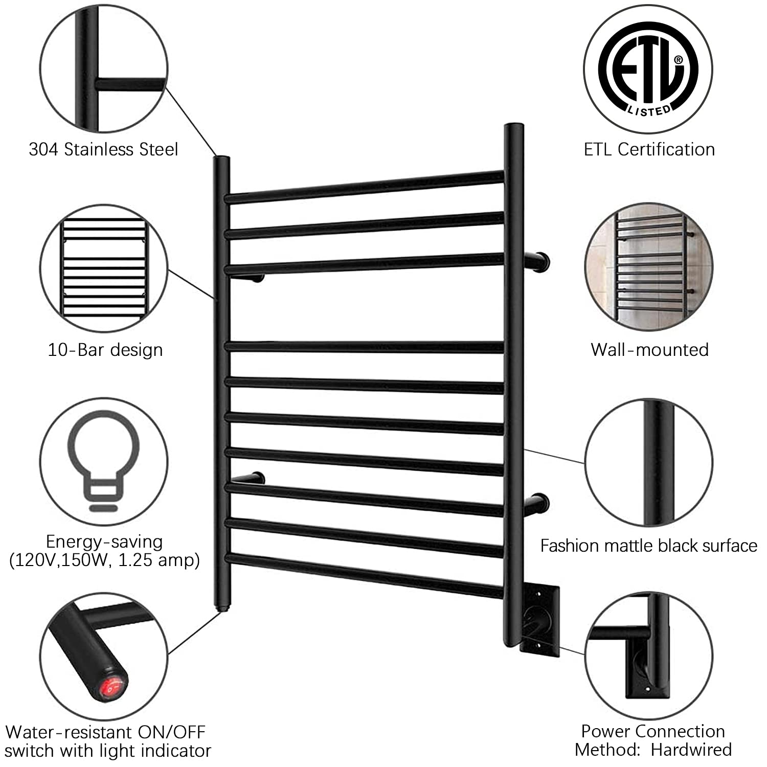 HEATGENE Hardwired Heated Towel Rack - Wall Mounted Bathroom Towel Warmer in Matte Black | Fast Warming for Spa, Luxury Hotels & Home Use