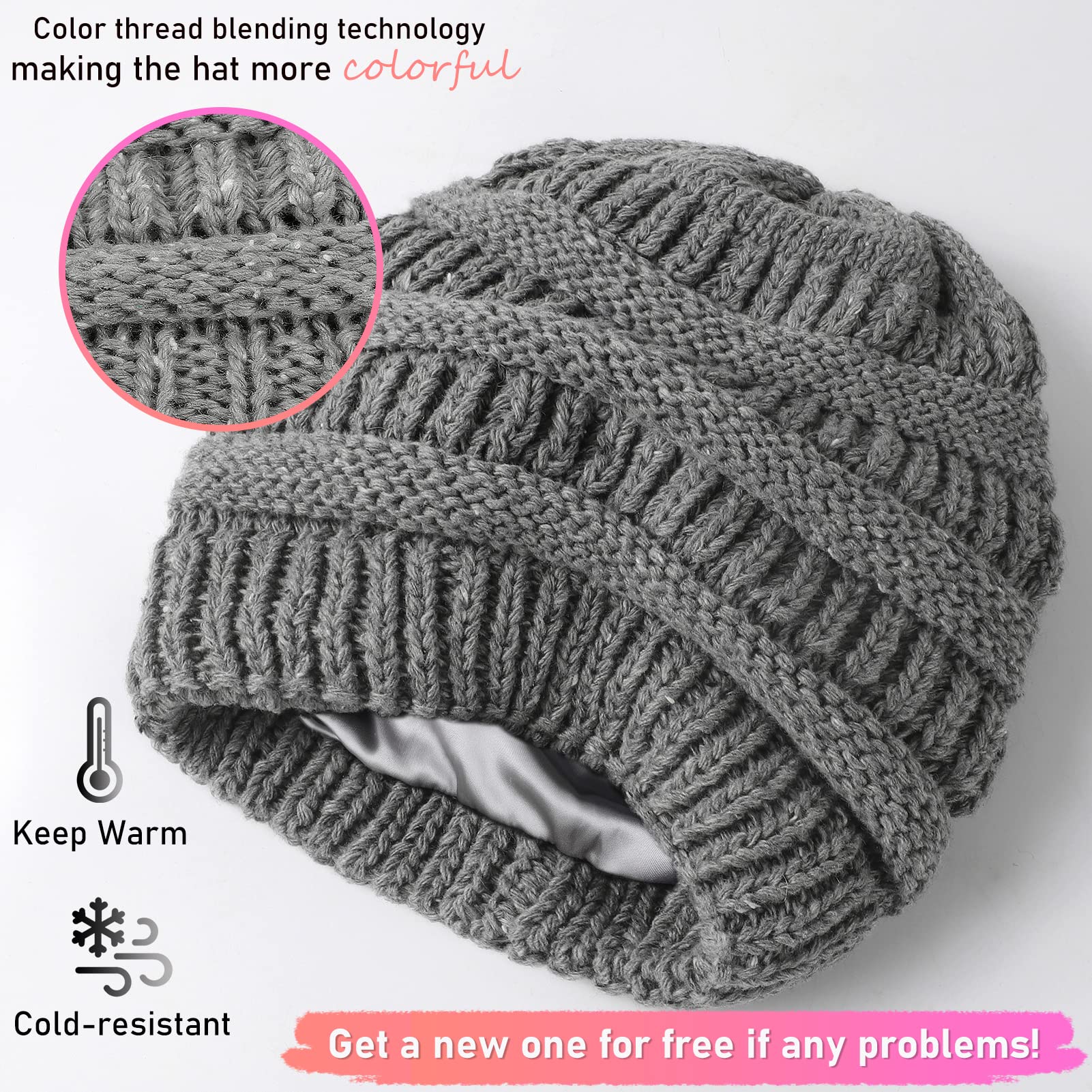 Winter Satin Lined Beanie Hats for Women & Men - Warm Oversized Slouchy Knitted Skull Cap with Silk Lining for Natural Hair Protection - Perfect for Cold Weather, Outdoor Activities & Daily Fashion