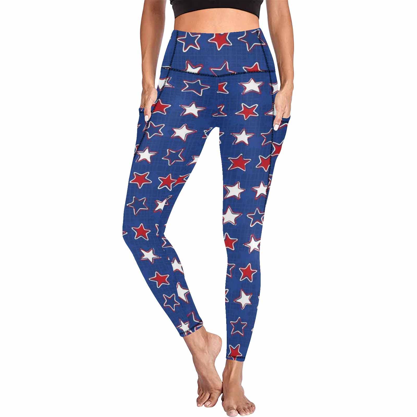 **InterestPrint Women's Watercolor Blue & Gold Star Yoga Pants with Pockets – High-Waisted Workout Leggings for Running, Gym & Lounge**