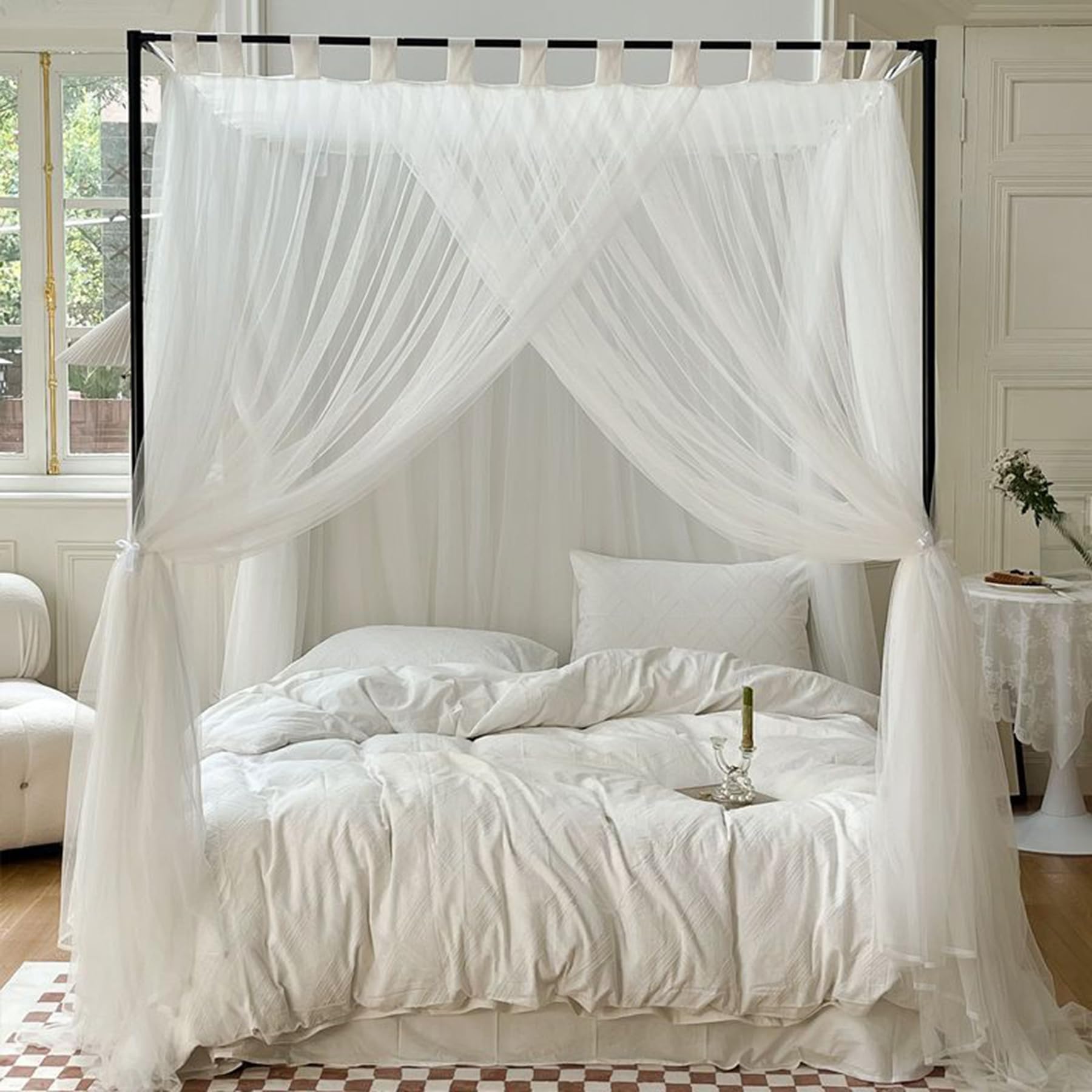 White Twin Size 4 Corner Canopy Bed Frame Post Poles - Baking Painted Curtain Rods for Four-Poster Beds & Mosquito Nets - Perfect for Bedroom Decor and Outdoor Camping
