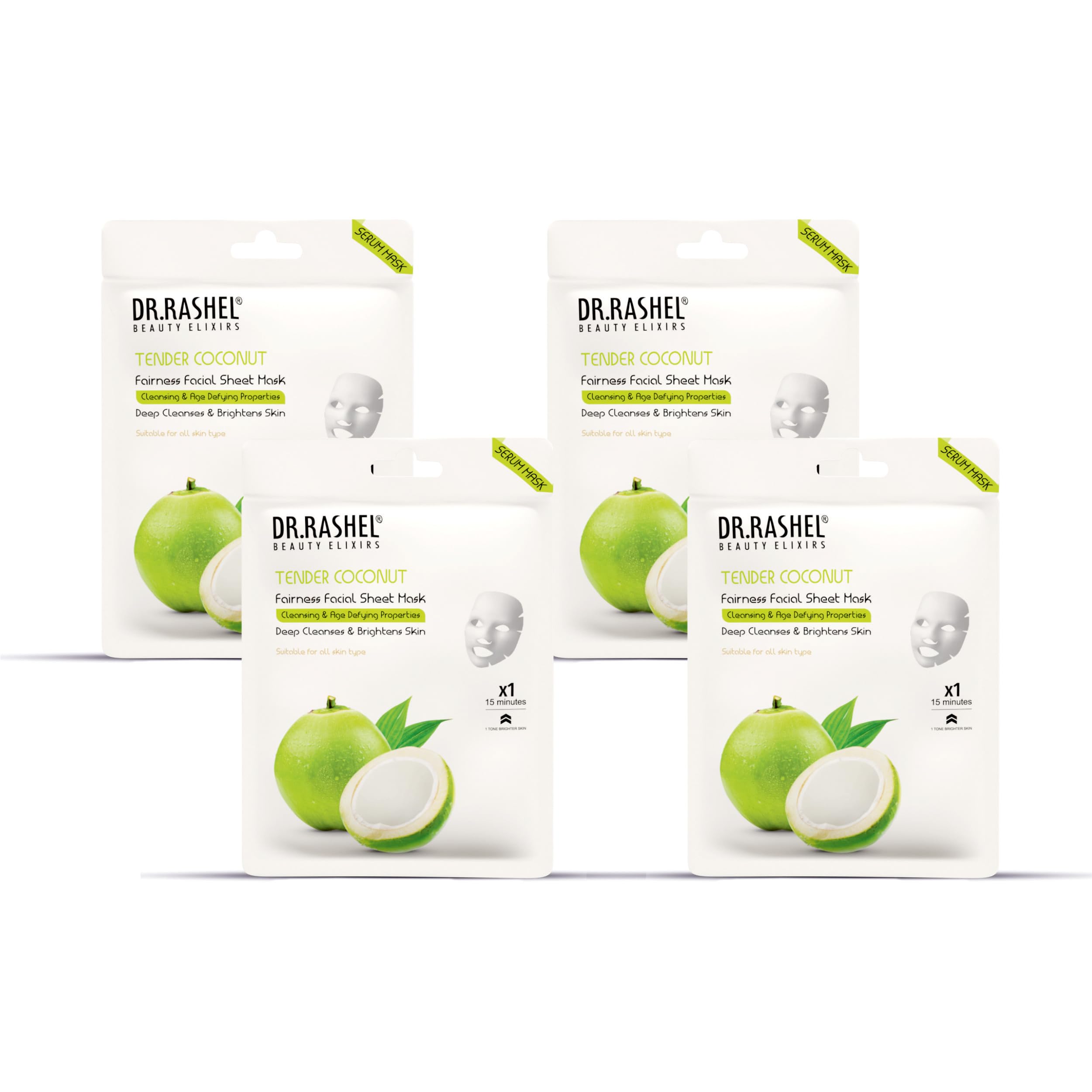 DR.RASHEL Tender Coconut Face Sheet Mask with Serum for Women & Men - All Skin Types | Deep Cleansing, Oil Control & Hydration | Repairing & Nourishing Treatment | Paraben-Free (Pack of 4, 20g Each) | Perfect for Daily Skincare, Spa Days & Travel