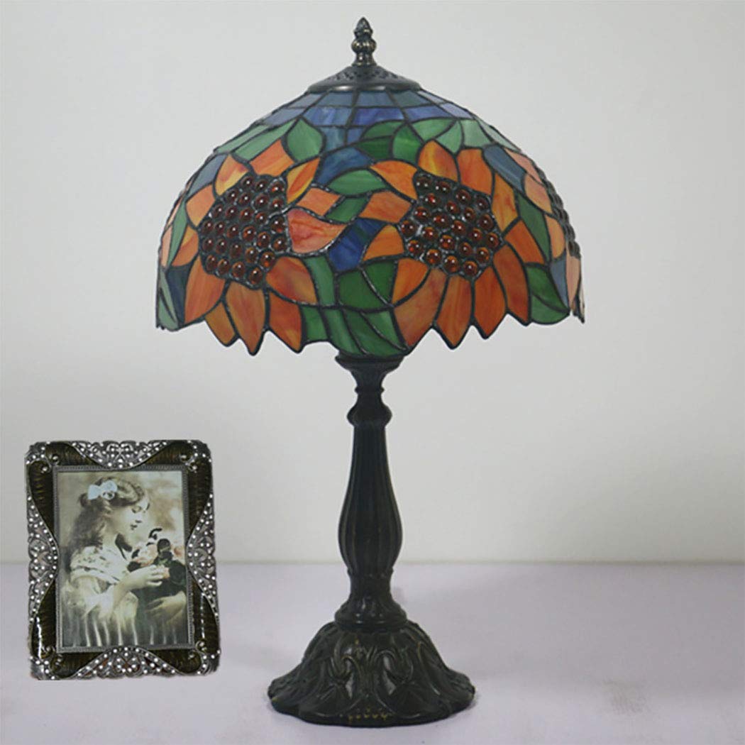 12 Inch Tiffany Style Orange Blue Stained Glass Table Lamp - Pastoral Sunflower Green Leaves Design for Living Room, Bedroom & Study | Perfect Reading Lamp & Bedside Night Light
