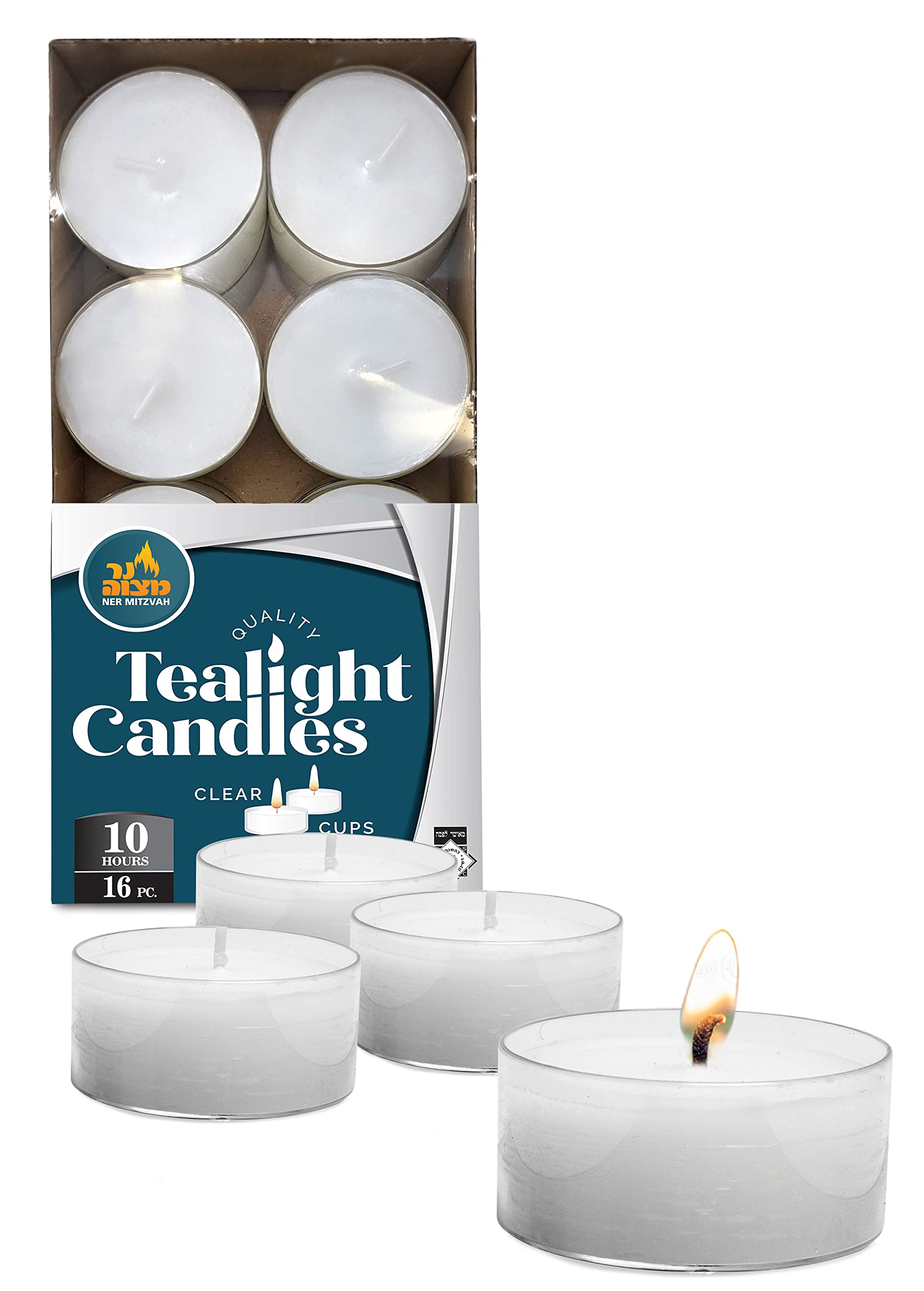 Ner Mitzvah Tea Light Candles - 16 Pack White Unscented Long Burning Tealights (10 Hour Burn Time) for Hanukkah, Shabbat, Weddings & Home Decor