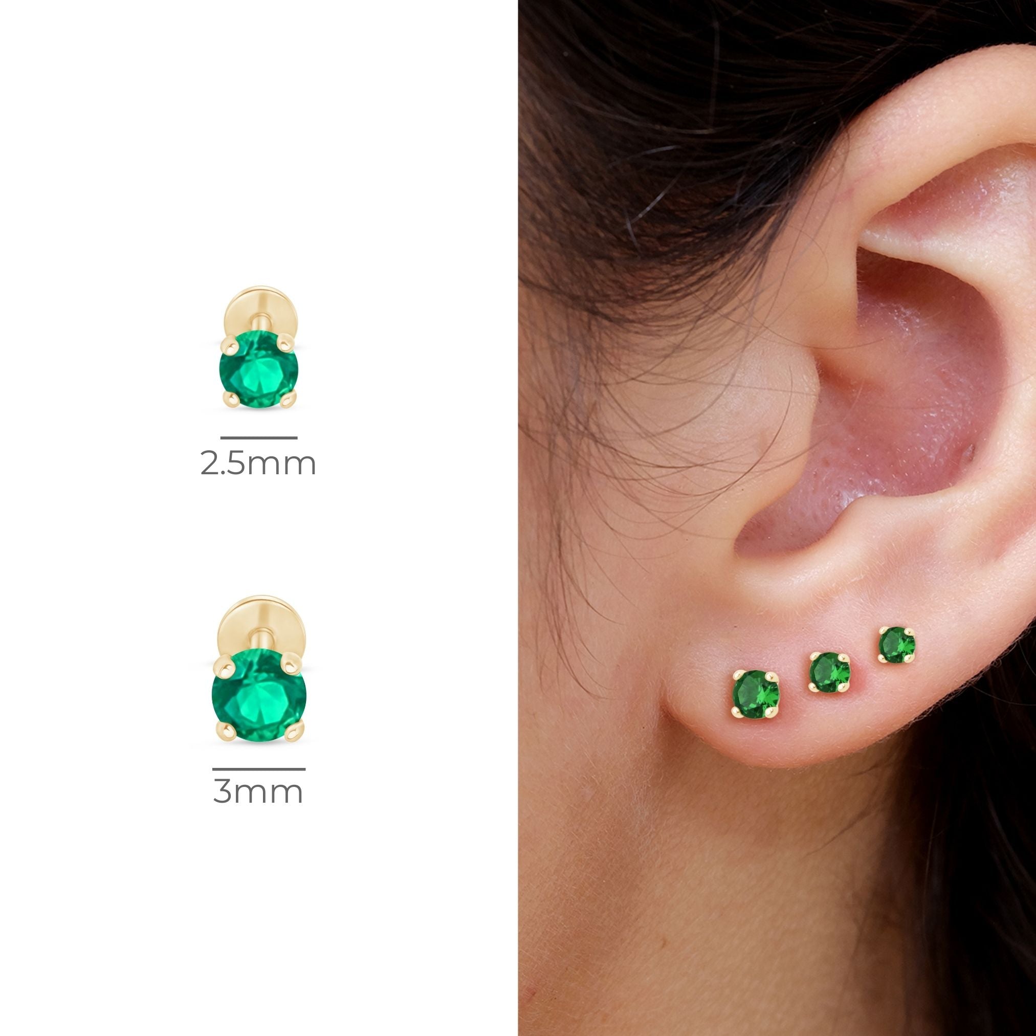 14K Solid Yellow Gold Emerald Cartilage Flat Back Stud Earrings - Perfect for Everyday Wear, Gifts & Special Occasions